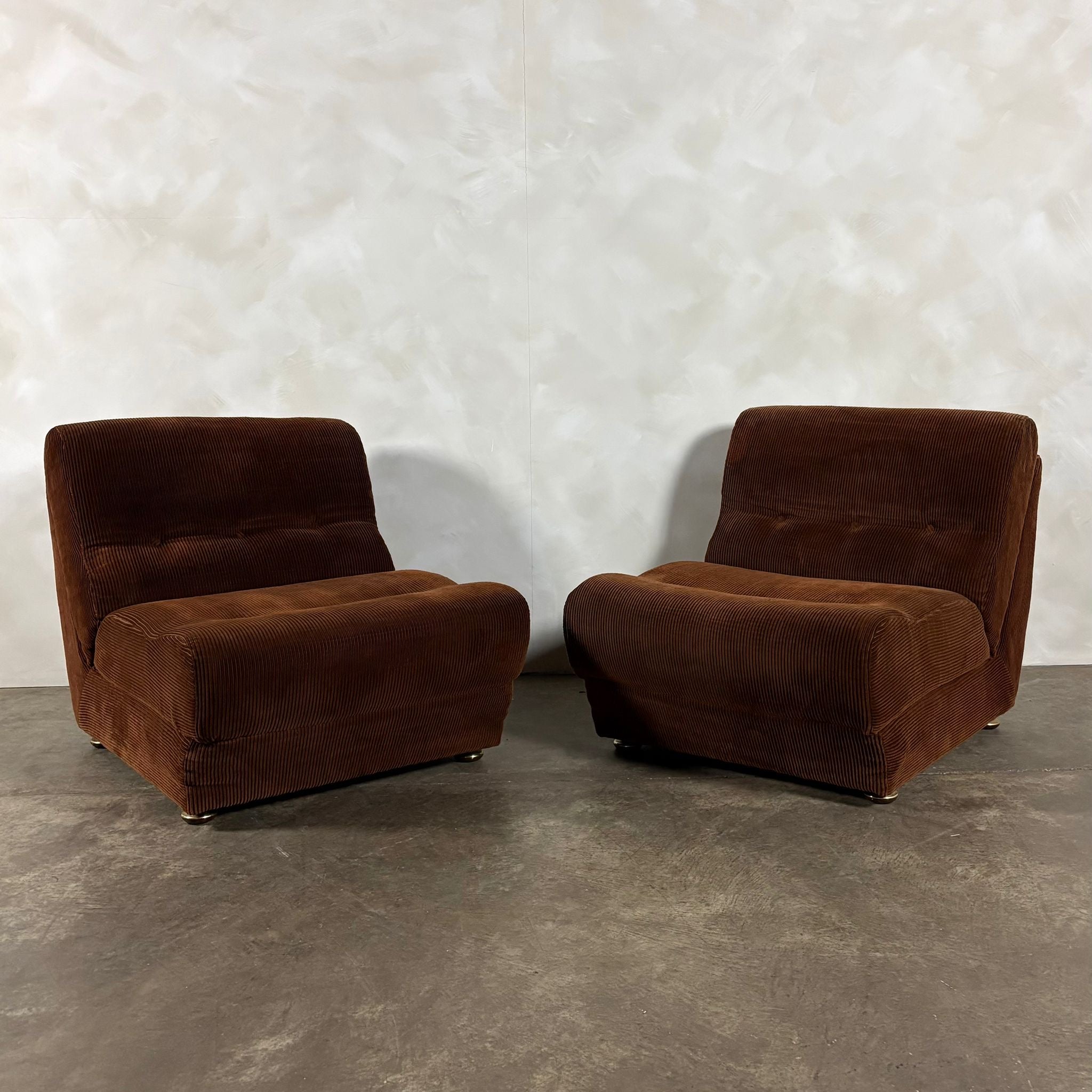 Pair Of Brown Corduroy Lounge Chairs Sofa Beds Rest Assured Mid Century Vintage Retro MCM