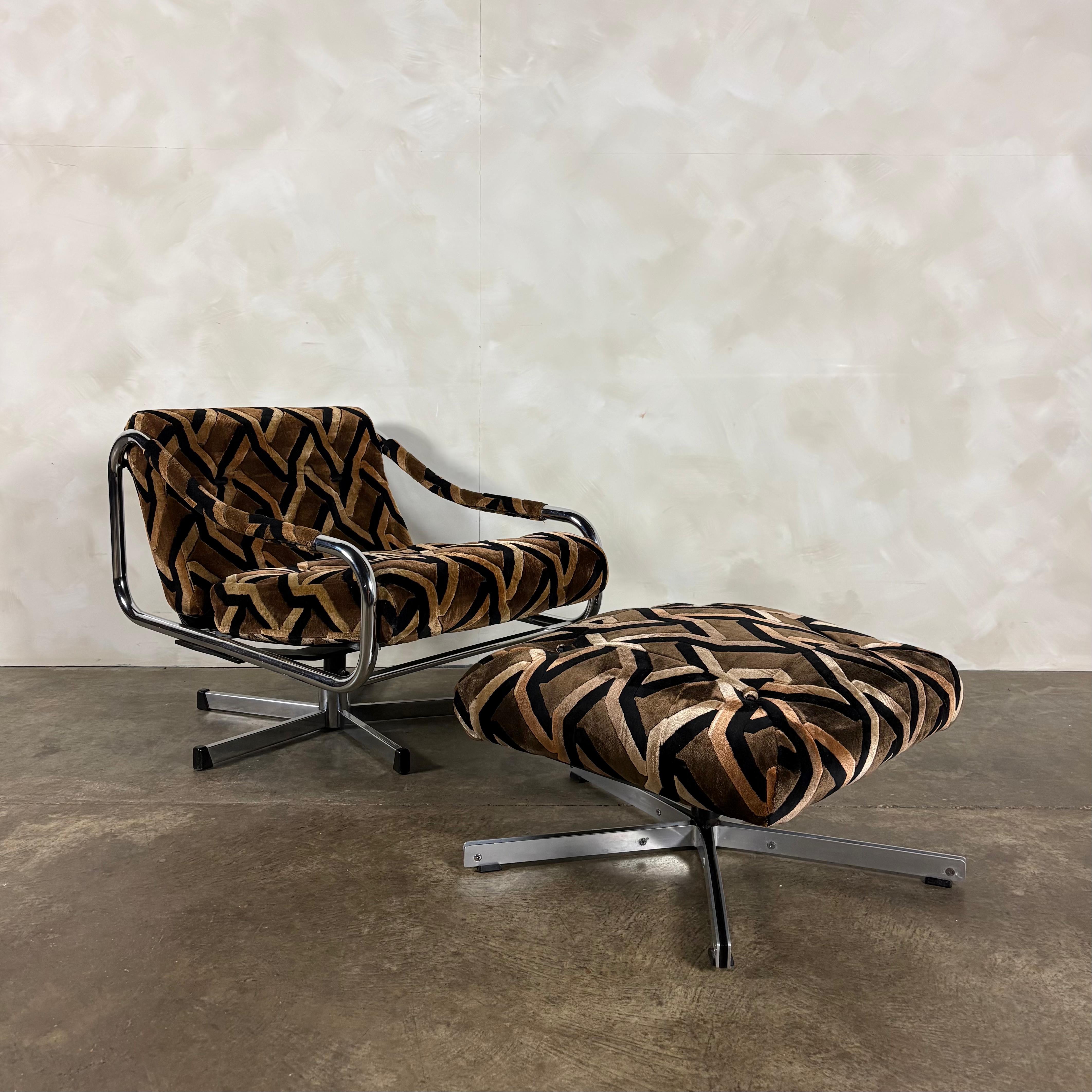 Pair Of Pieff Beta Swivel Lounge Chairs Geometric Fabric Footstool Mid Century Vintage Retro MCM