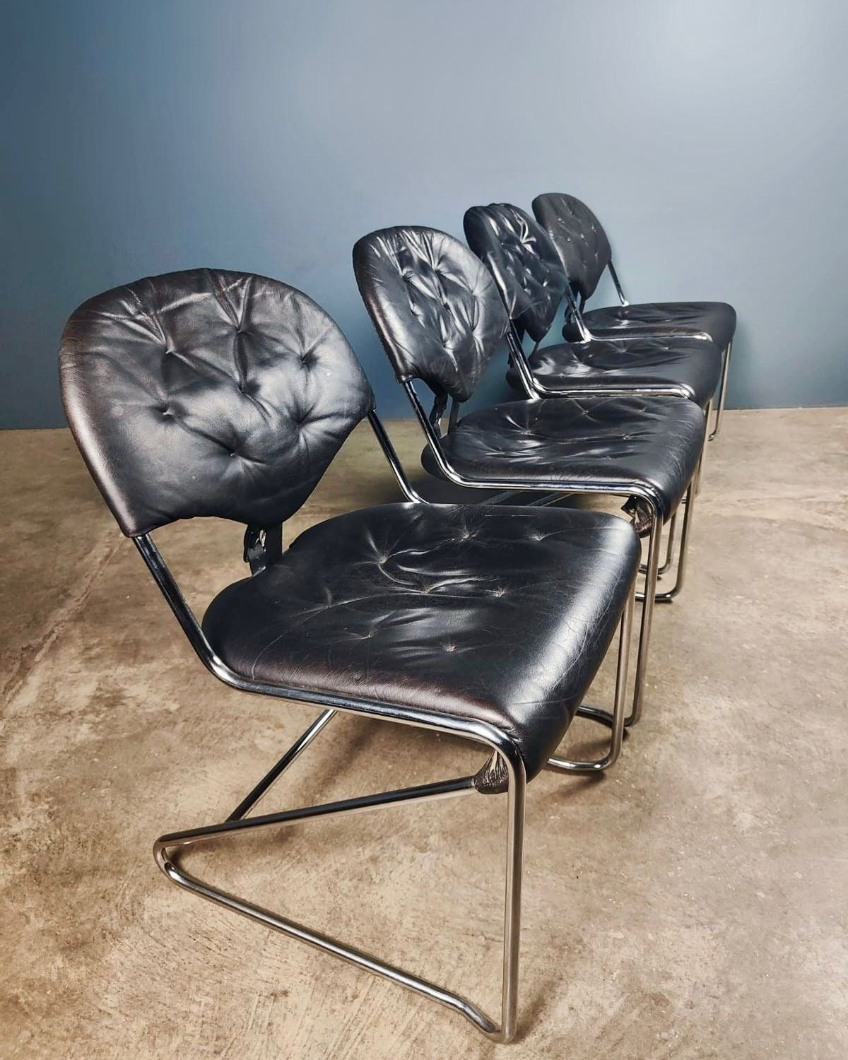 Sam Larsson For Dux Sweden ‘Sam’ Four Black Leather Dining Chairs Mid Century Vintage Retro MCM