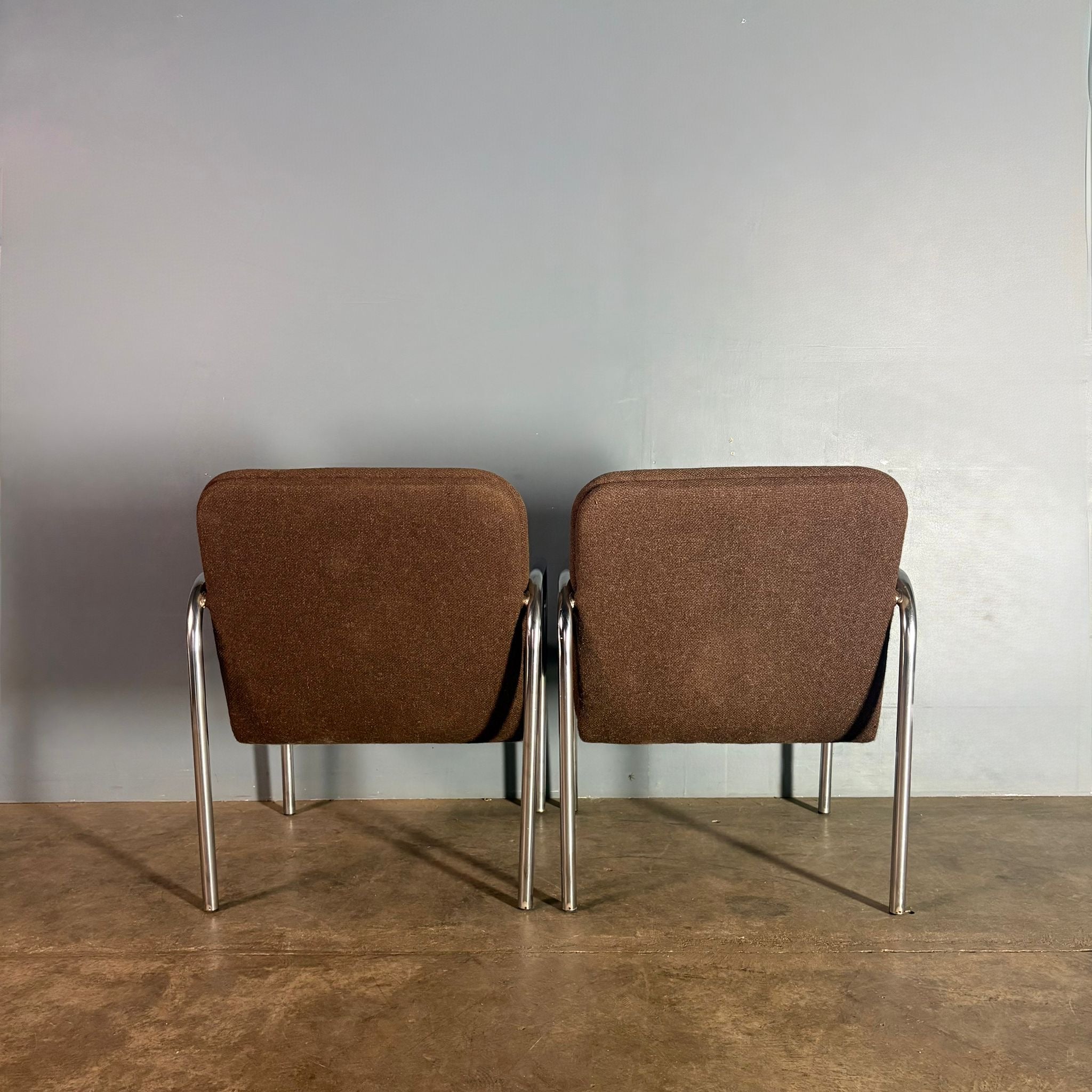 SOLD Pair Of Brown Wool Chrome Lounge Chairs Mid Century Vintage Retro MCM