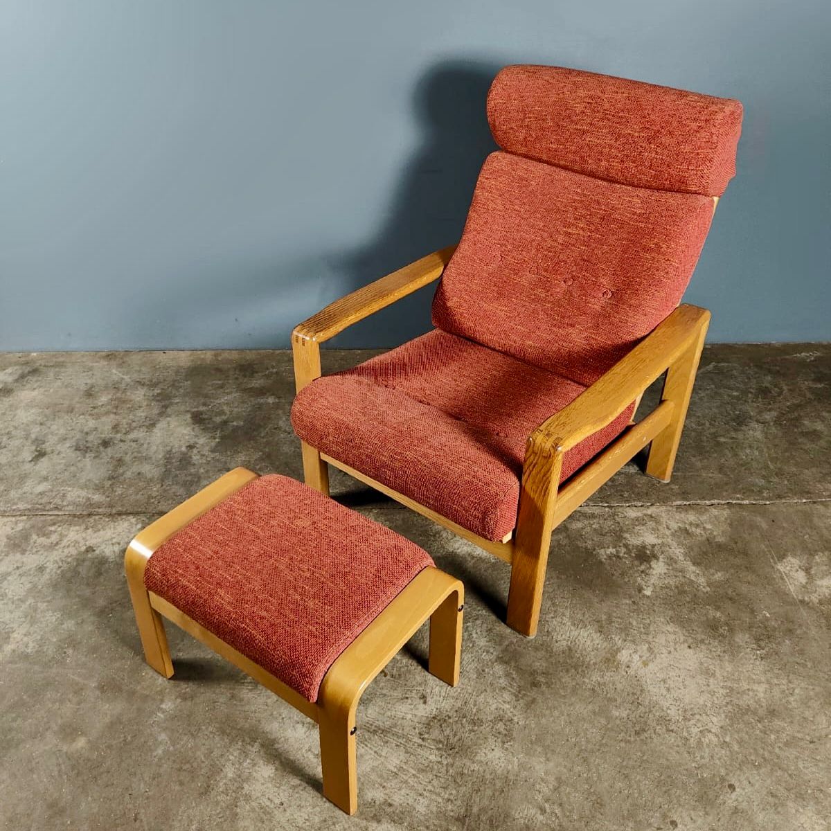 Oak & Orange Lounge Chair & Footstool West German Mid Century Vintage Retro MCM