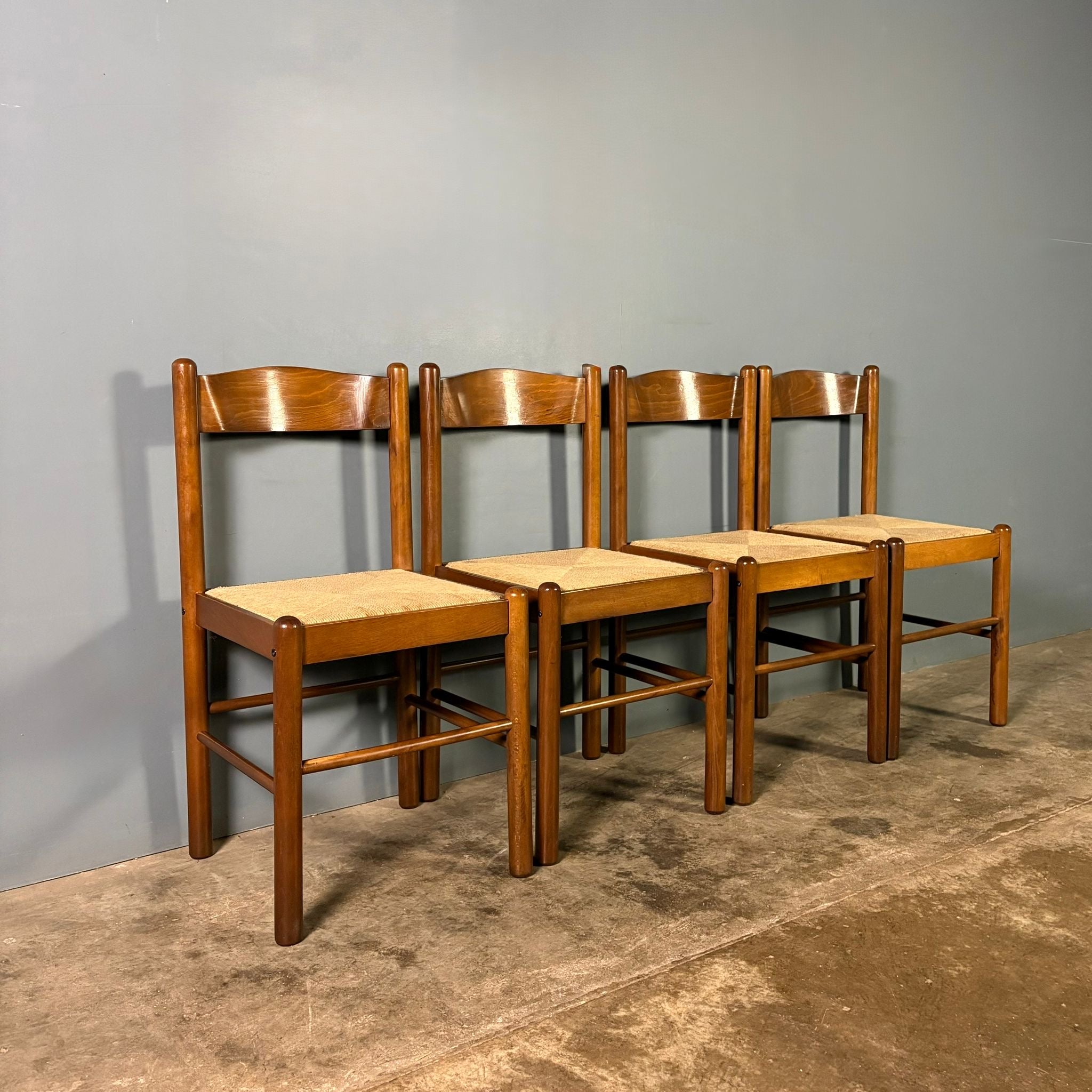 Set Of Four Rush Papercord Seat Dining Chairs Mid Century Vintage Retro MCM