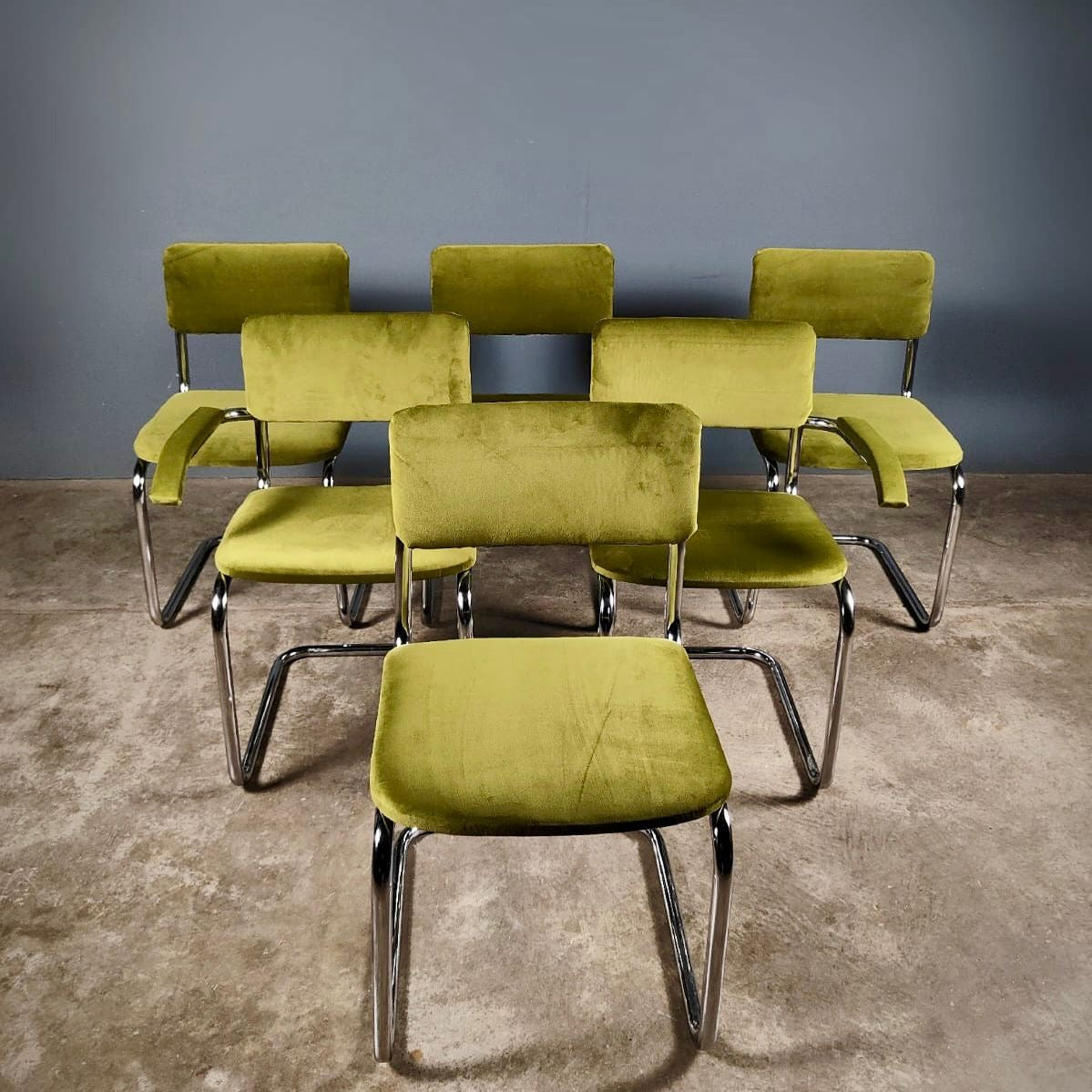 SOLD 6 x Chrome Cantilever Retro Green Velvet Dining Chairs Mid Century Vintage MCM