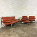 Mid Century Pieff Alpha Tan Brown Leather Three Seater Sofa & Two Swivel Lounge Chairs With Footstool Vintage Retro MCM