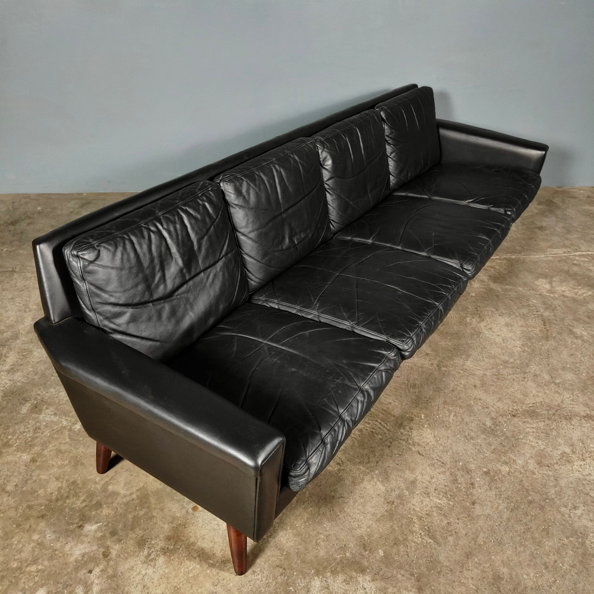 Black Leather Four Seater Sofa Danish 1960s Mid Century Vintage Retro MCM