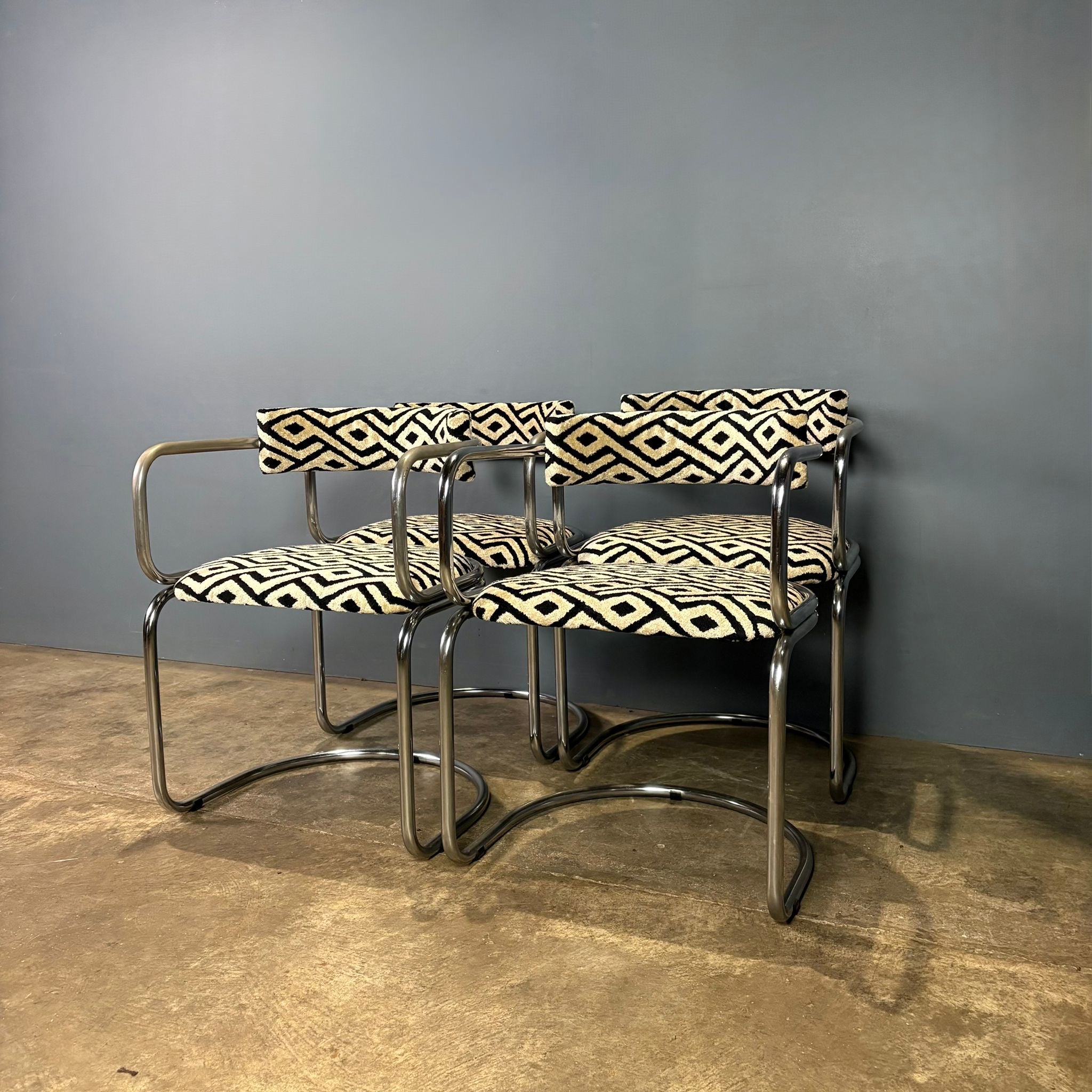 SOLD Four Zougoise Victoria Cantilever Dining Chairs Chrome Tubular Frames Mid Century Vintage Retro MCM