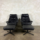 Black Leather Skoghaug Reclining Swivel Lounge Chair With Matching Footstool/Ottoman Mid Century Vintage Retro MCM