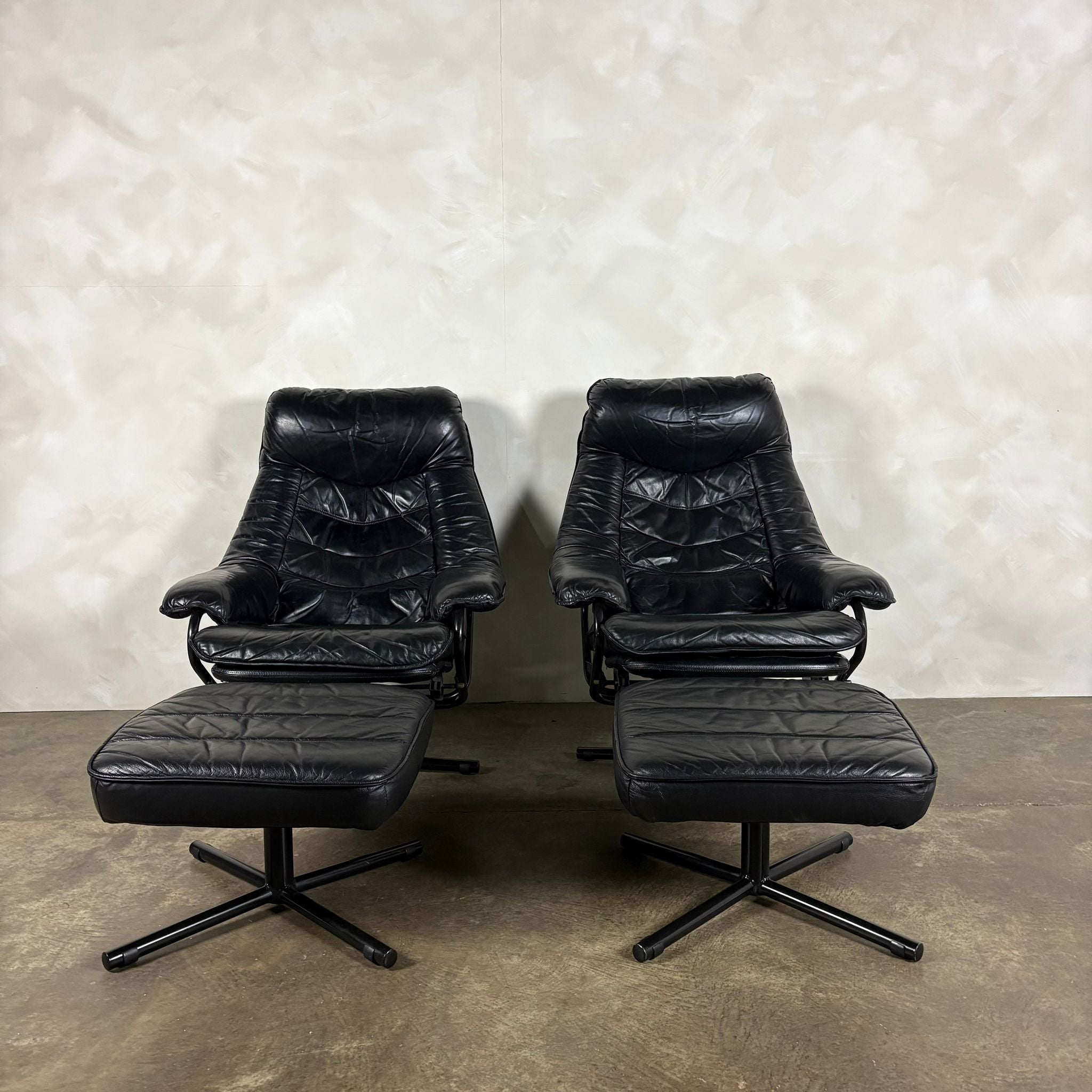Black Leather Skoghaug Reclining Swivel Lounge Chair With Matching Footstool/Ottoman Mid Century Vintage Retro MCM