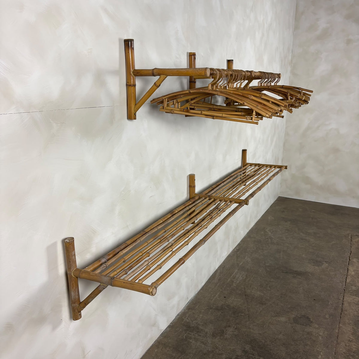 Mid Century Vintage Bamboo Wall Shelf & Hanging Rail With Coat Hangers Retro MCM