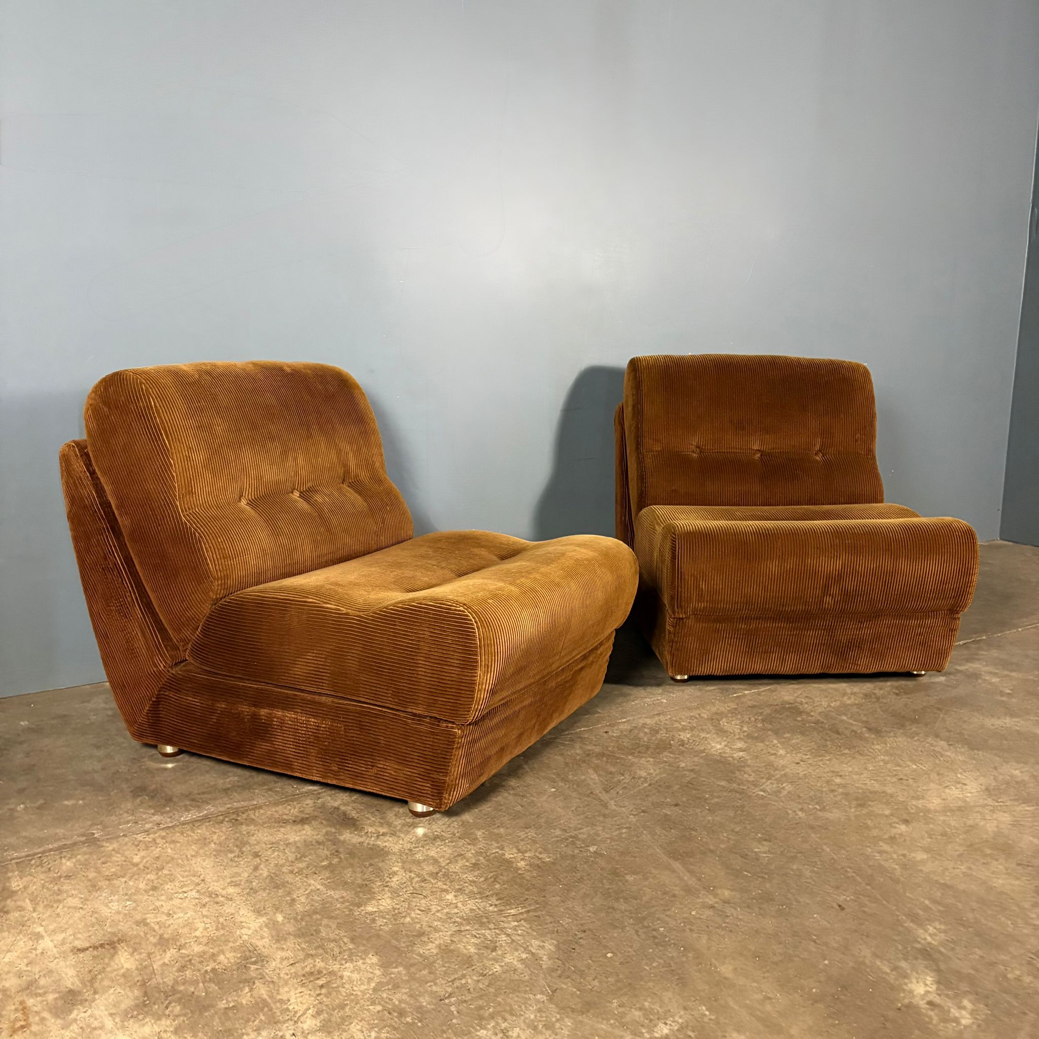SOLD Pair Of Brown Corduroy Lounge Chairs Sofa Beds Mid Century Vintage Retro MCM