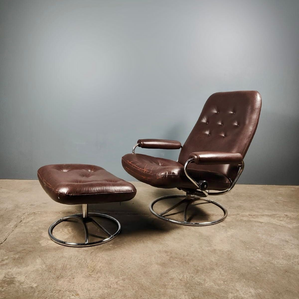 SOLD Mid Century Brown Leather Chrome Ekornes Stressless Armchair & Footstool Vintage Retro MCM