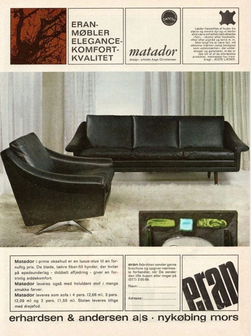 Matador Brown Leather Three Seater Sofa By Aage Christiansen For Erhardsen & Andersen & Eran Mobler Mid Century Vintage Retro MCM