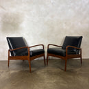 SOLD Pair Of Greaves & Thomas Teak Black Leather Lounge Chairs Mid Century Vintage Retro MCM
