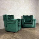 Vintage Art Deco Three Seater Sofa & Pair Of Armchairs In Emerald Turquoise Green Velvet