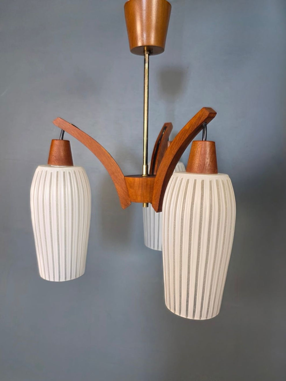 Teak Brass Glass 1960s Ceiling Pendant Light Mid Century Vintage Retro MCM