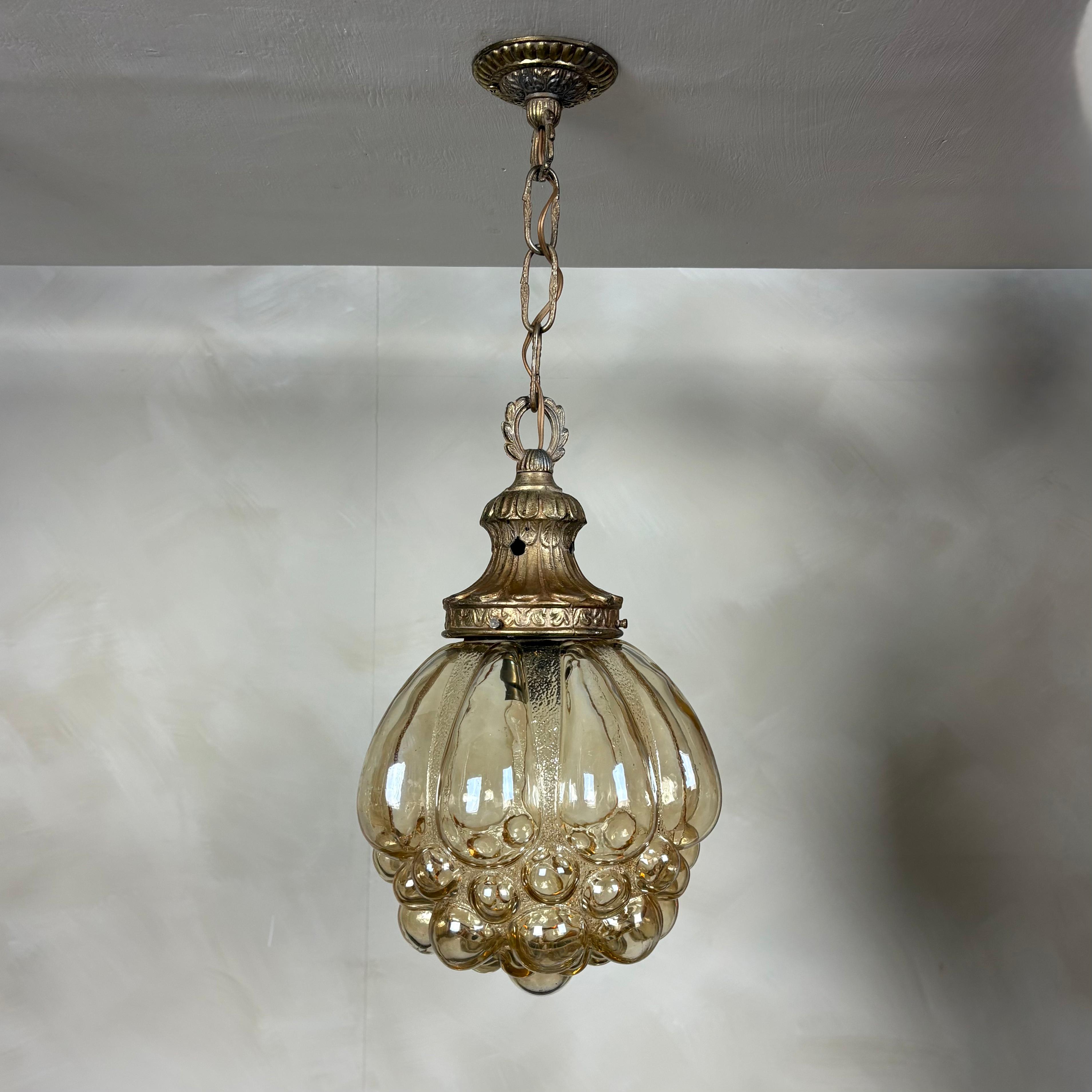 Pair Of Amber Bubble Glass Pendant Lights By Helena Tynell For Glashütte Limburg Mid Century Vintage Retro MCM