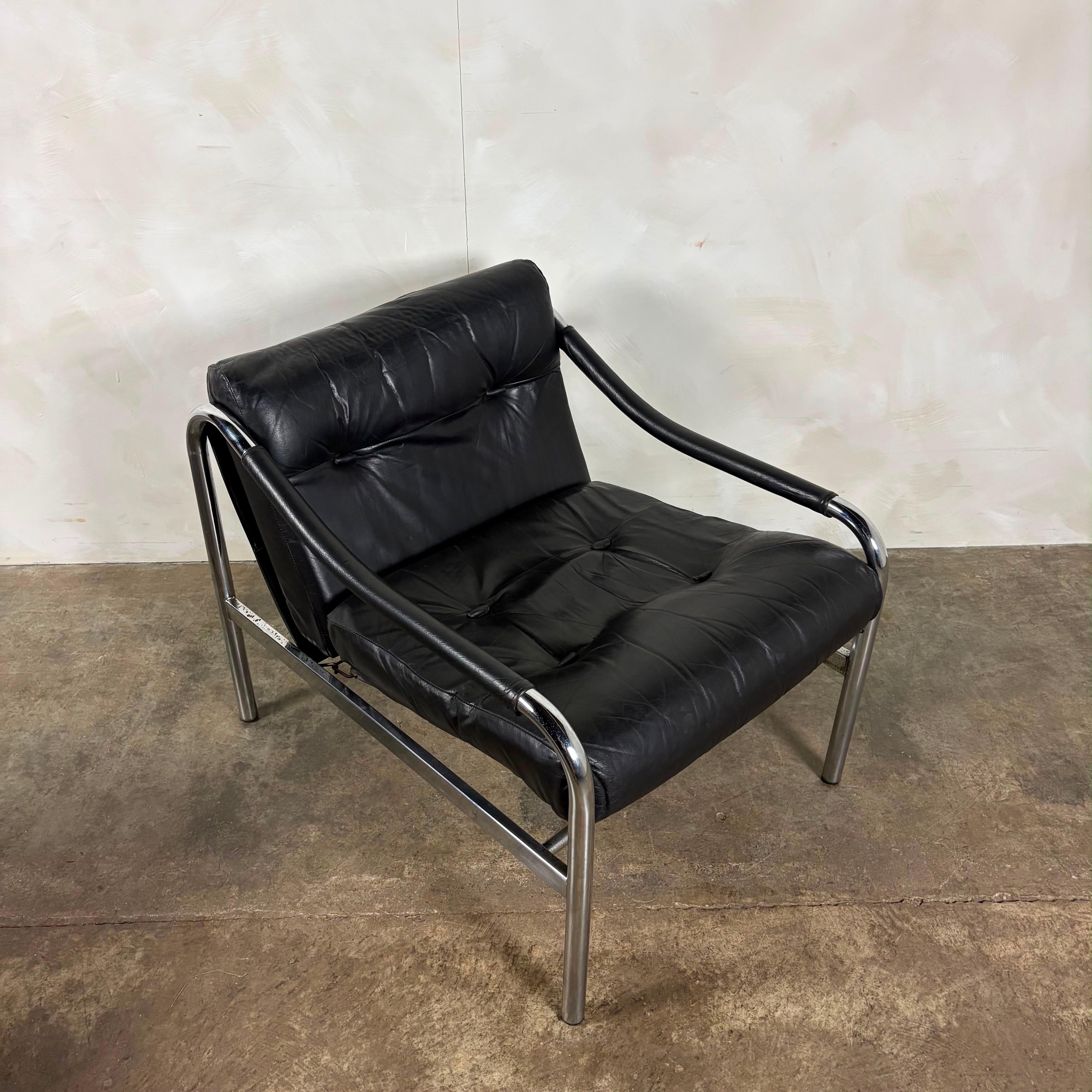 Pair Of Pieff Beta Lounge Chairs In Black Leather Mid Century Vintage Retro MCM