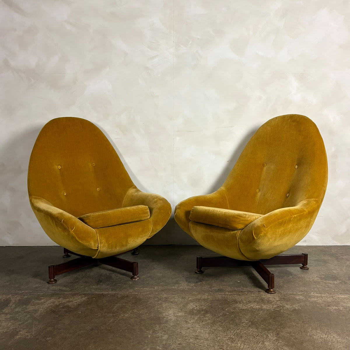 Pair Of Greaves & Thomas Yellow Mustard Egg Swivel Lounge Chairs Mid Century Vintage Retro MCM