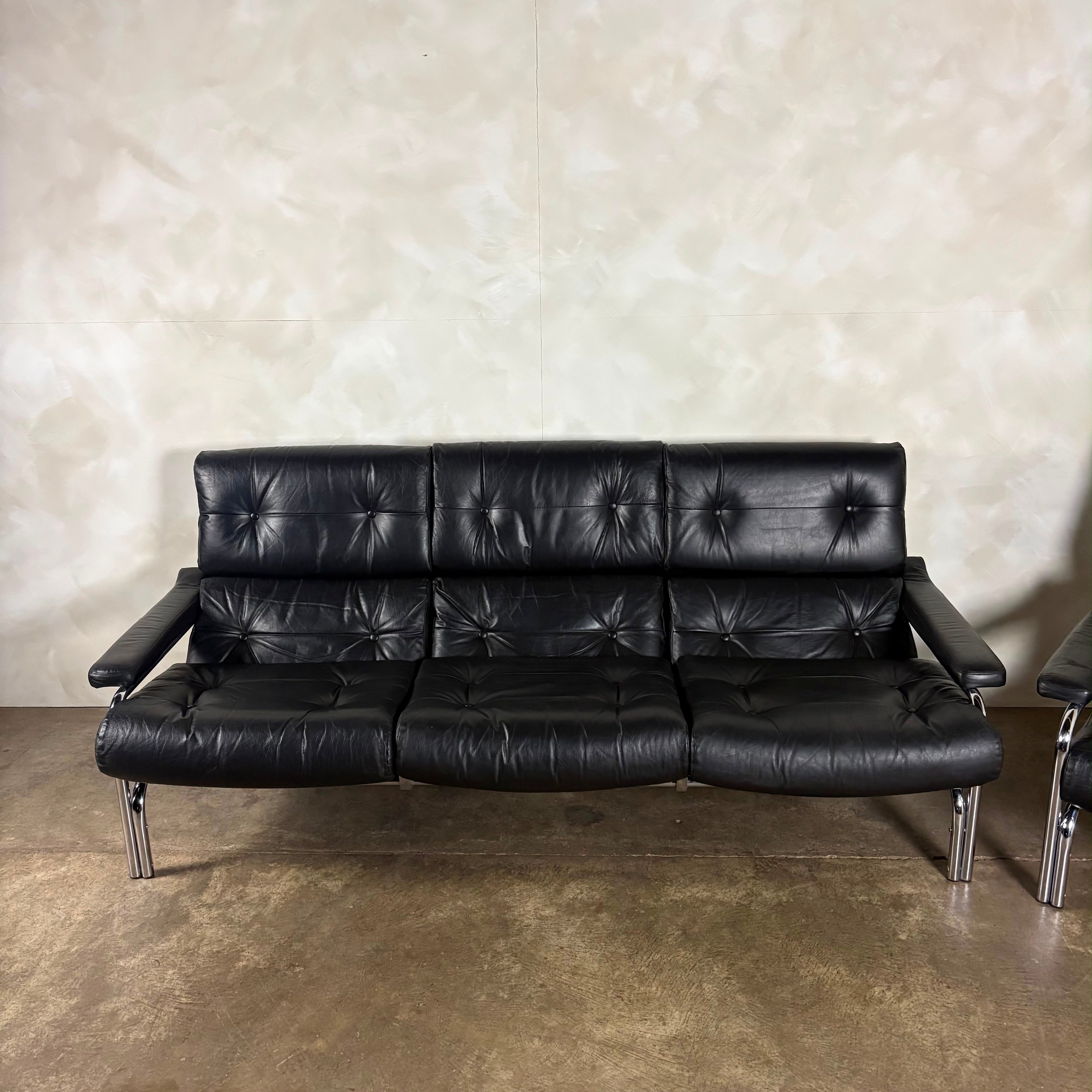 Mid Century Pieff Alpha Black Leather Three Seater Sofa With Matching Lounge Chair Vintage Retro MCM