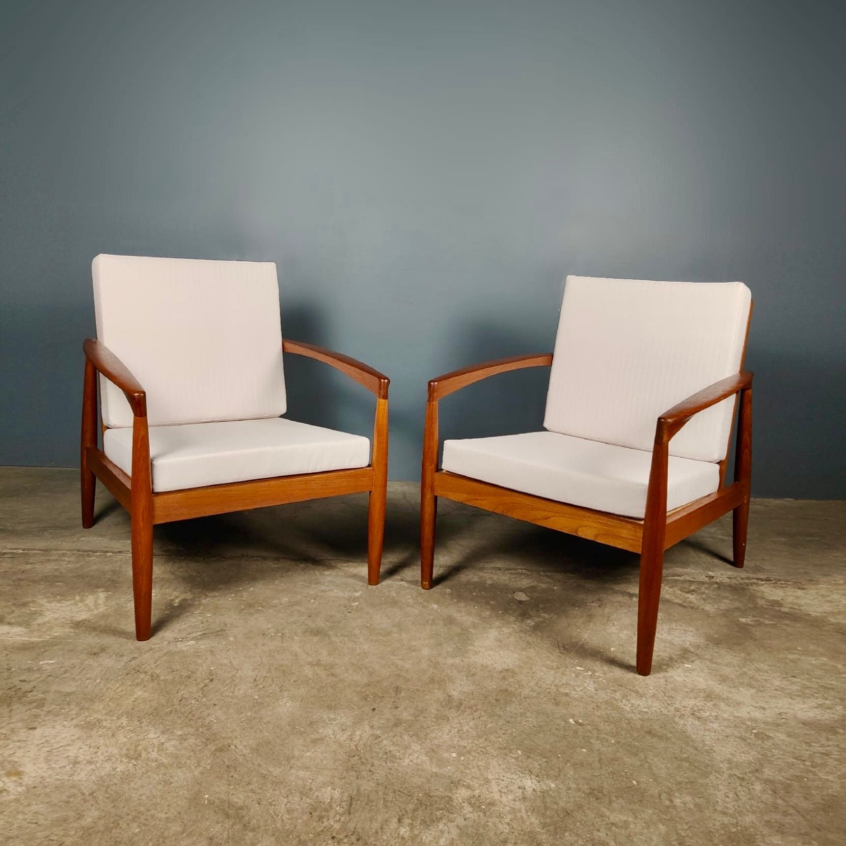 SOLD Pair Of Paper Knife Lounge Chairs Kai Kristiansen Magnus Olesen 1962 Model 121 Teak Mid Century Vintage Retro MCM