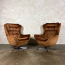 SOLD Pair Of 1970s Vono Swivel Egg Lounge Chairs In Caramel Tan Light Brown Velvet Mid Century Vintage Retro MCM