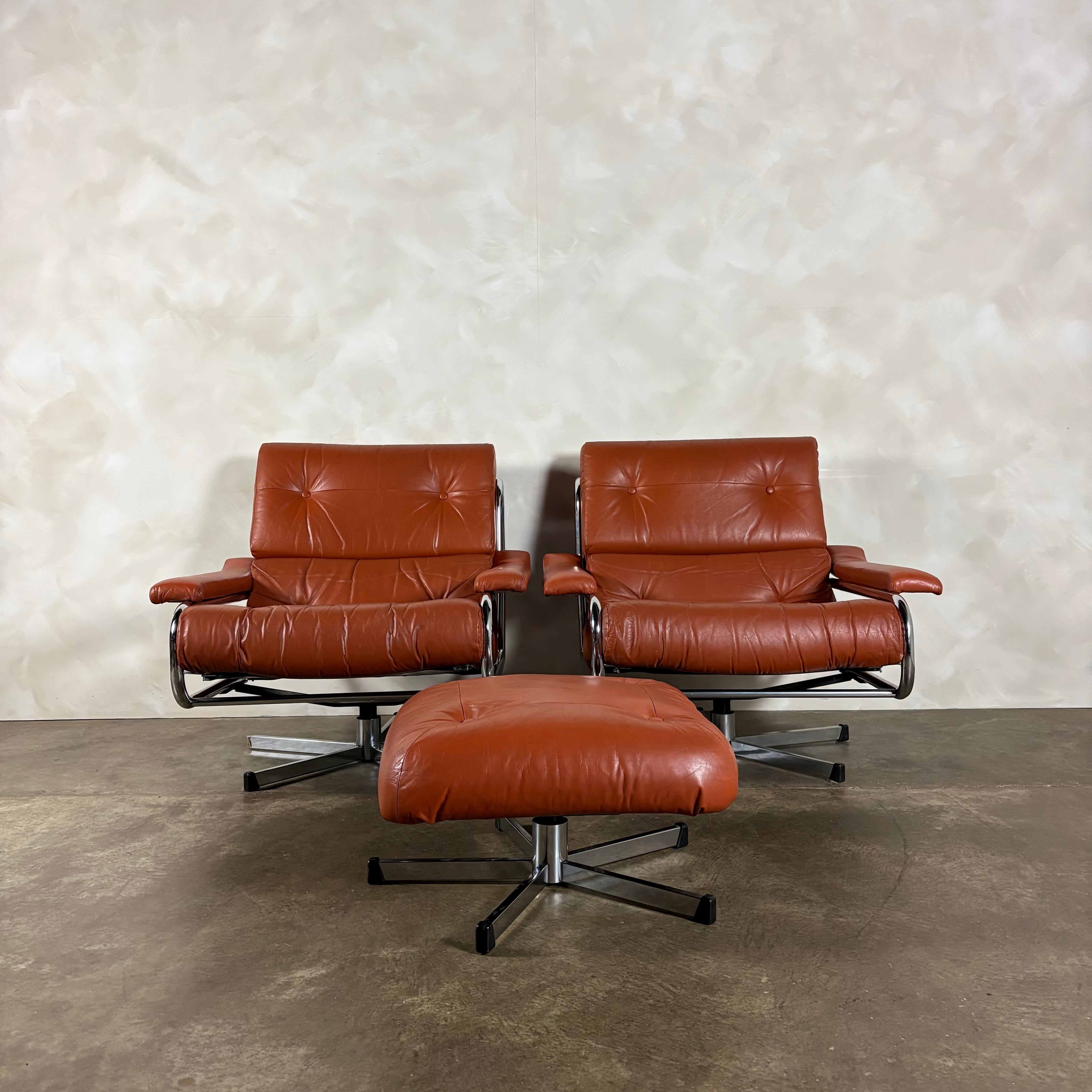 Mid Century Pieff Alpha Tan Brown Leather Three Seater Sofa & Two Swivel Lounge Chairs With Footstool Vintage Retro MCM