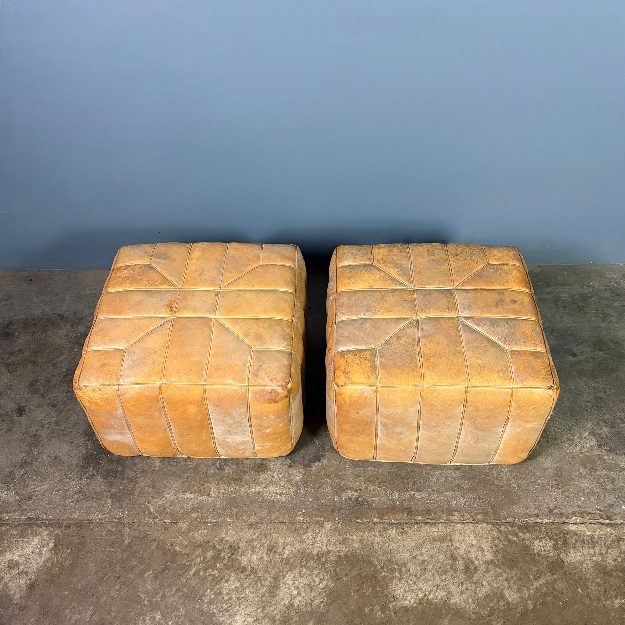 Pair Of Matching De Sede Style Distressed Patchwork Leather Footstools/Ottomans/Pouffes Mid Century Vintage Retro MCM
