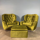 Mid Century Pair Of Armchairs & Footstool Green Velvet Vintage Retro MCM
