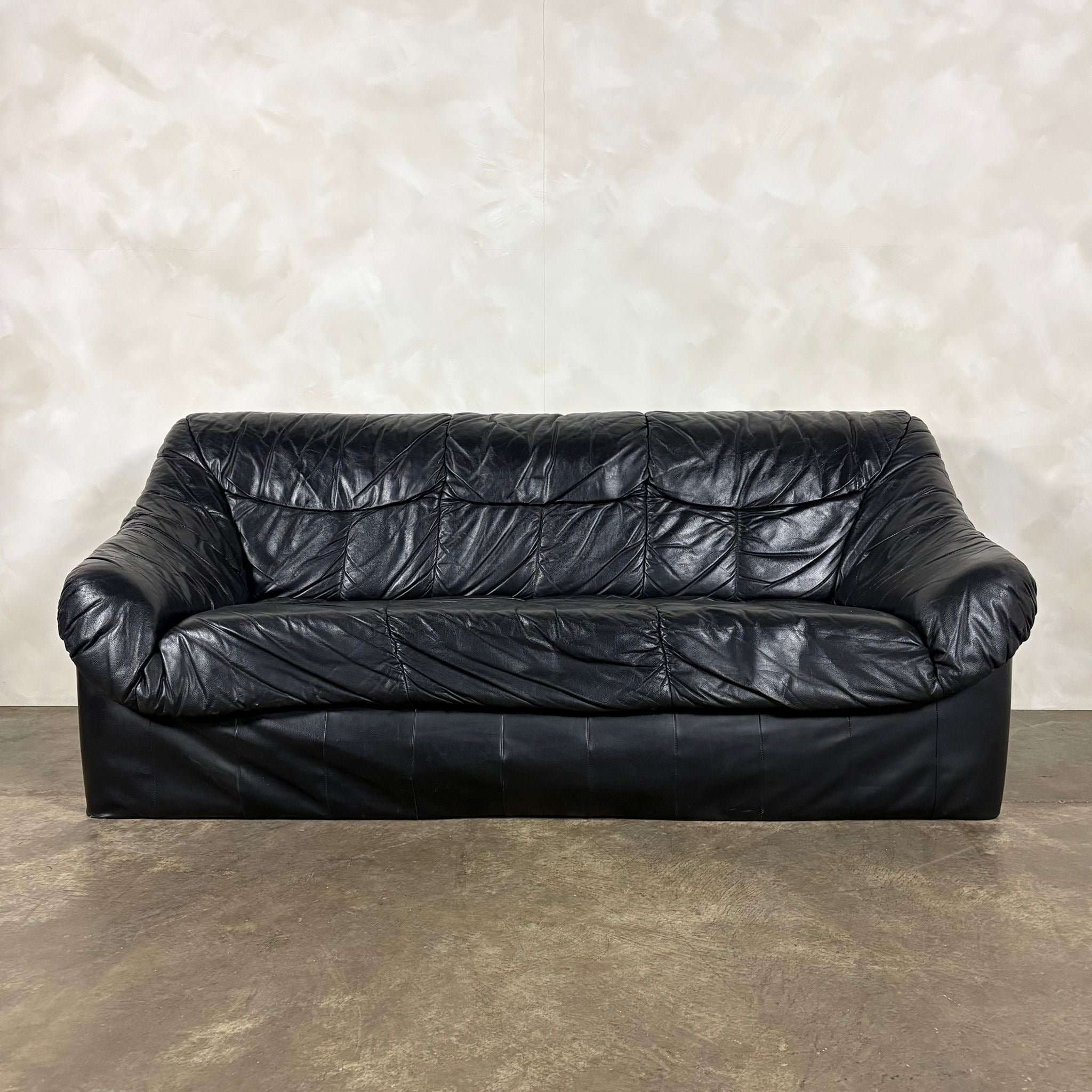 Black Leather Three Seater Sofa Mid Century Vintage Retro MCM