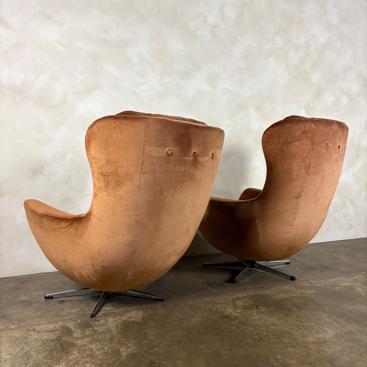 SOLD Pair Of 1970s Vono Swivel Egg Lounge Chairs In Caramel Tan Light Brown Velvet Mid Century Vintage Retro MCM