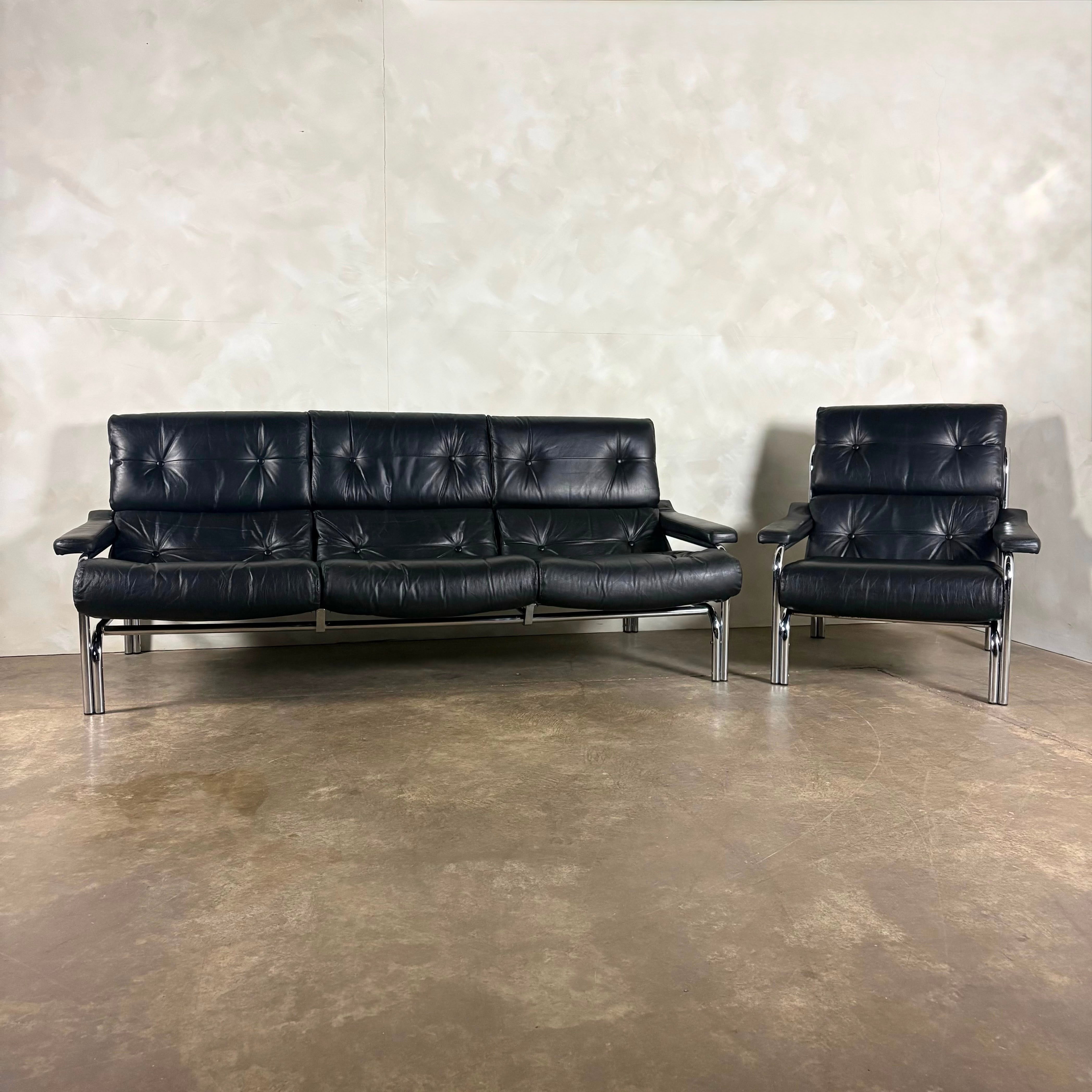 Mid Century Pieff Alpha Black Leather Three Seater Sofa With Matching Lounge Chair Vintage Retro MCM