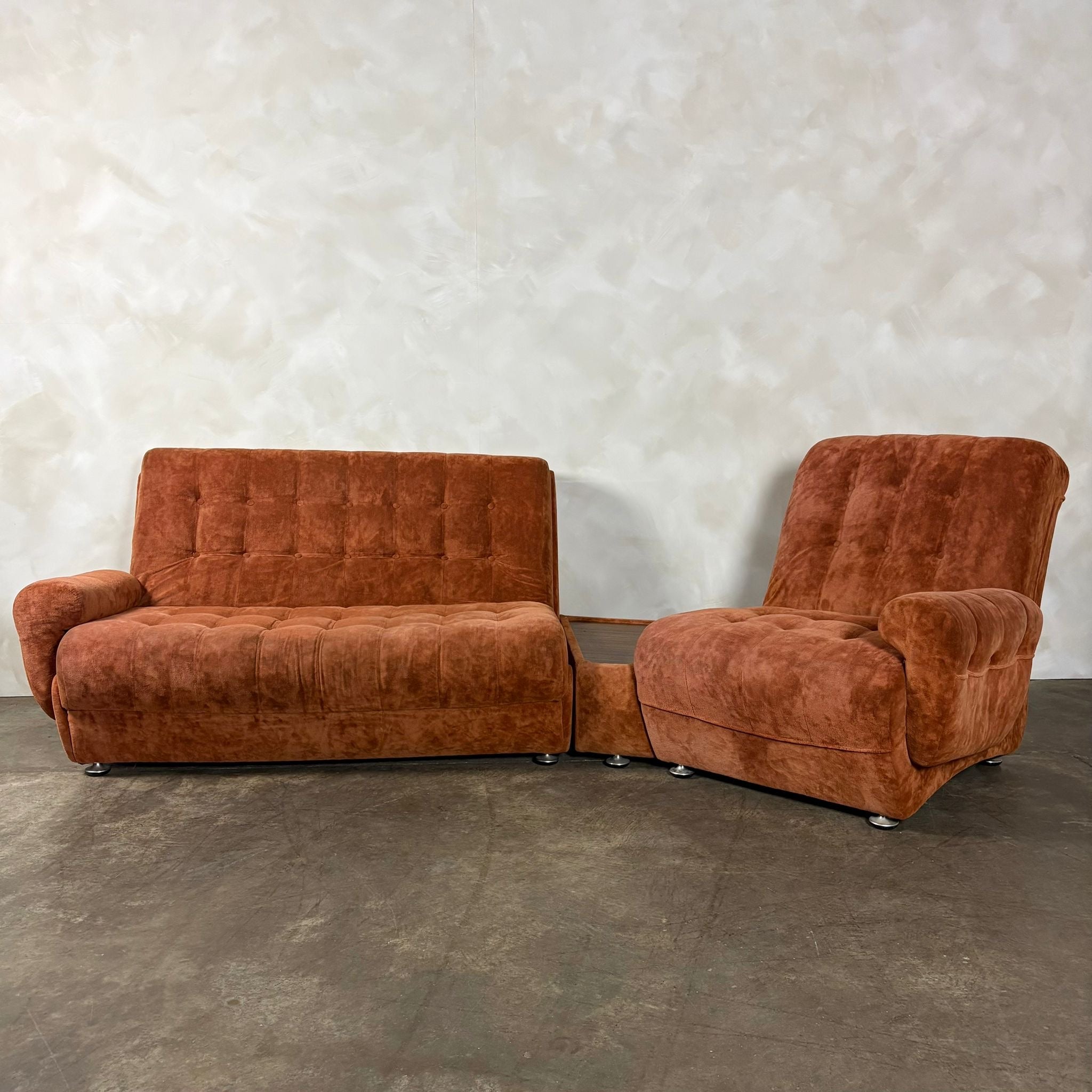 SOLD Mid Century Modular Brown Two Seater Sofa Bed & Armchair With Coffee Table Vintage Retro MCM