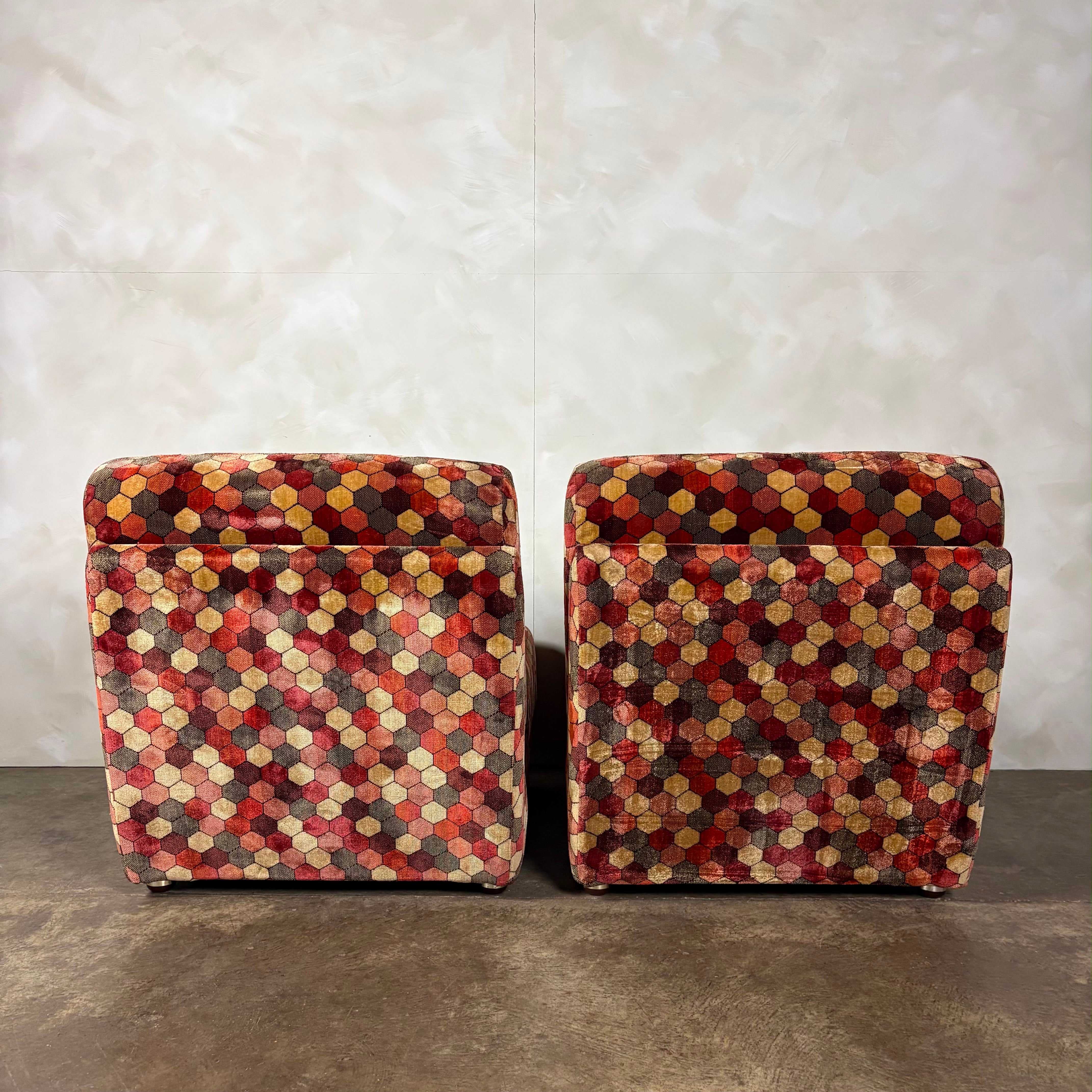 Pair Of Geometric Patterned Fold Out Lounge Chairs/Sofa Beds Rest Assured Mid Century Vintage Retro MCM