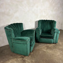 Vintage Art Deco Three Seater Sofa & Pair Of Armchairs In Emerald Turquoise Green Velvet