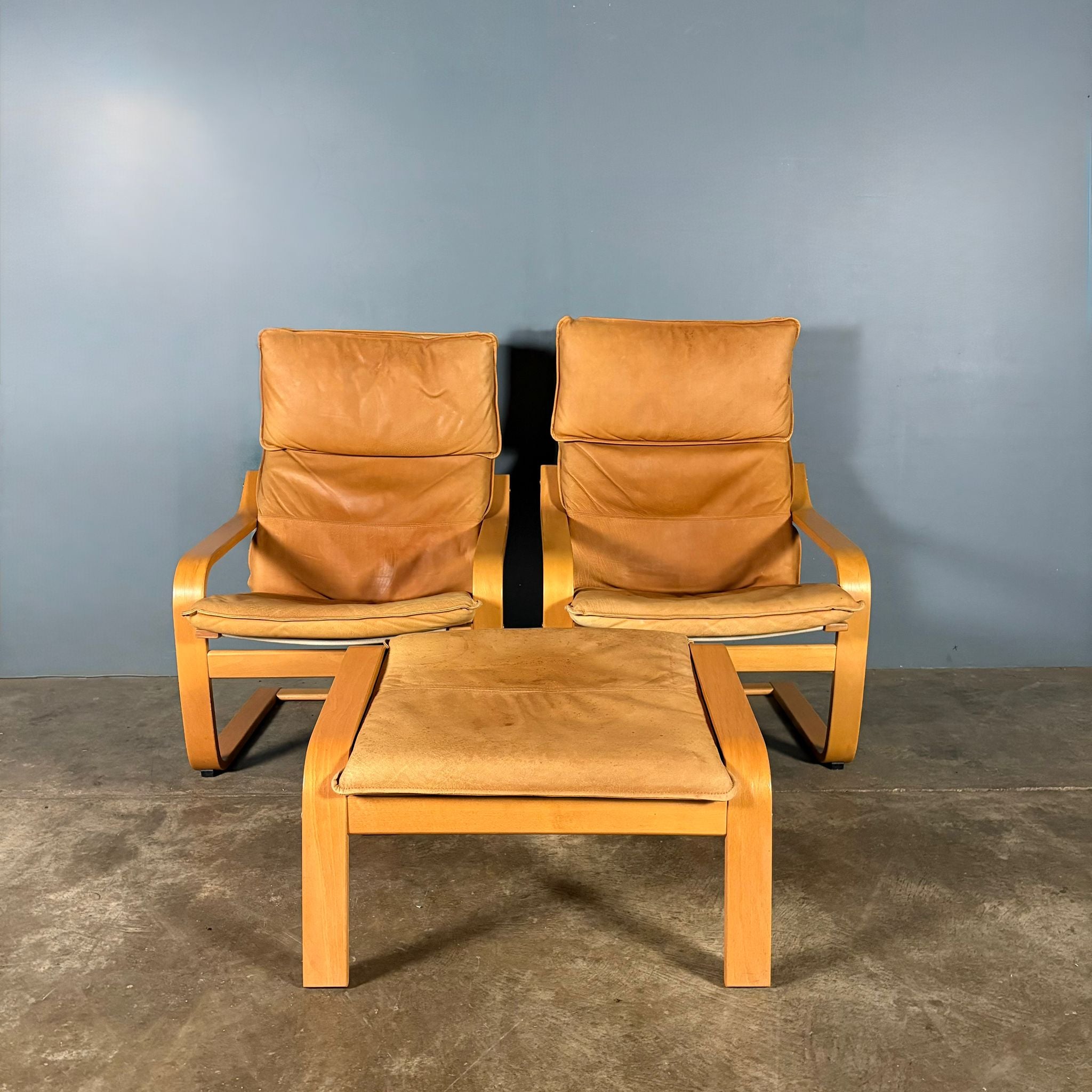 SOLD Pair Of Vintage Ikea Poäng Poem Armchairs & Matching Footstool Tan Brown Leather Mid Century Retro MCM
