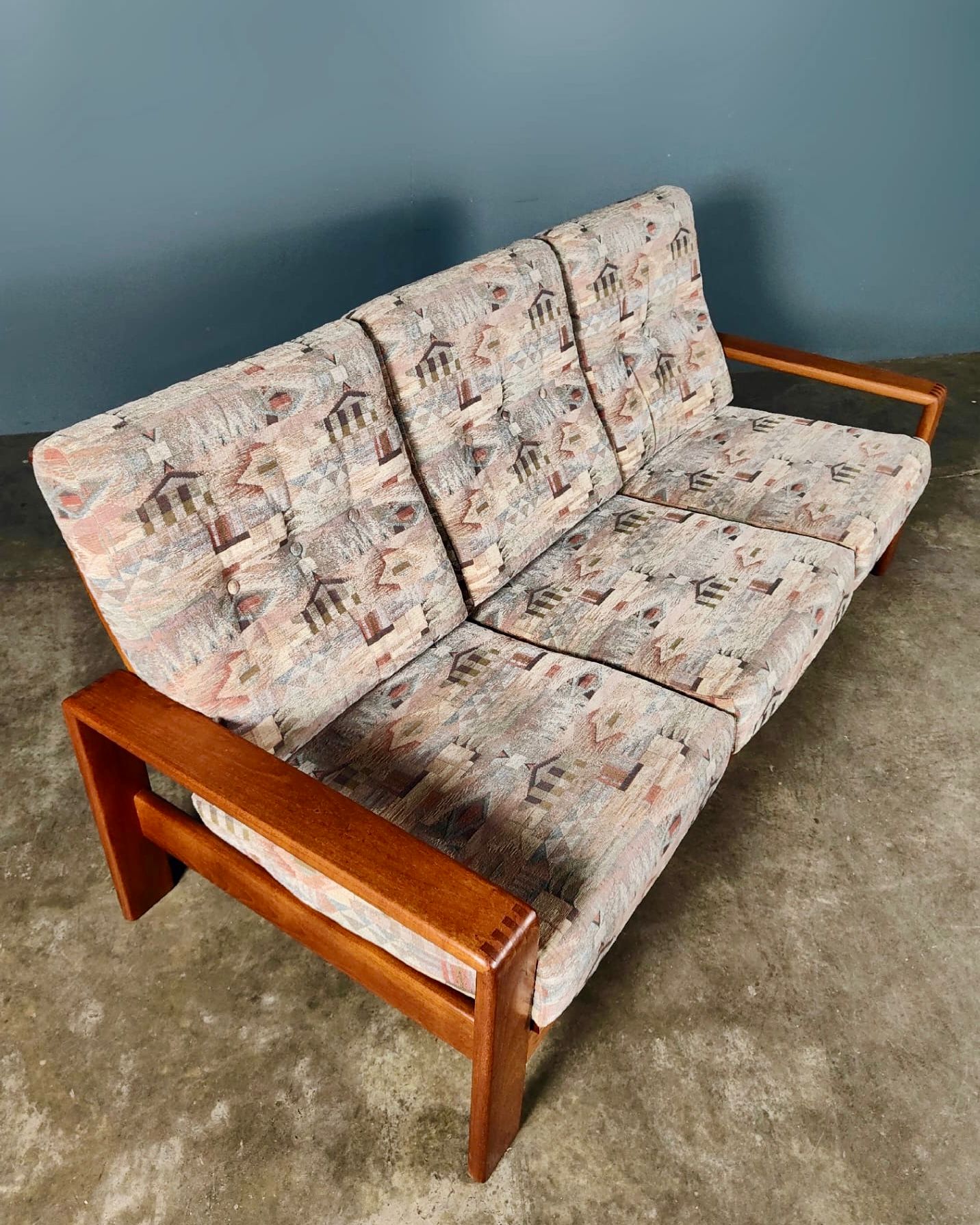 Mid Century Teak Geometric Three Seater Sofa Vintage Retro MCM