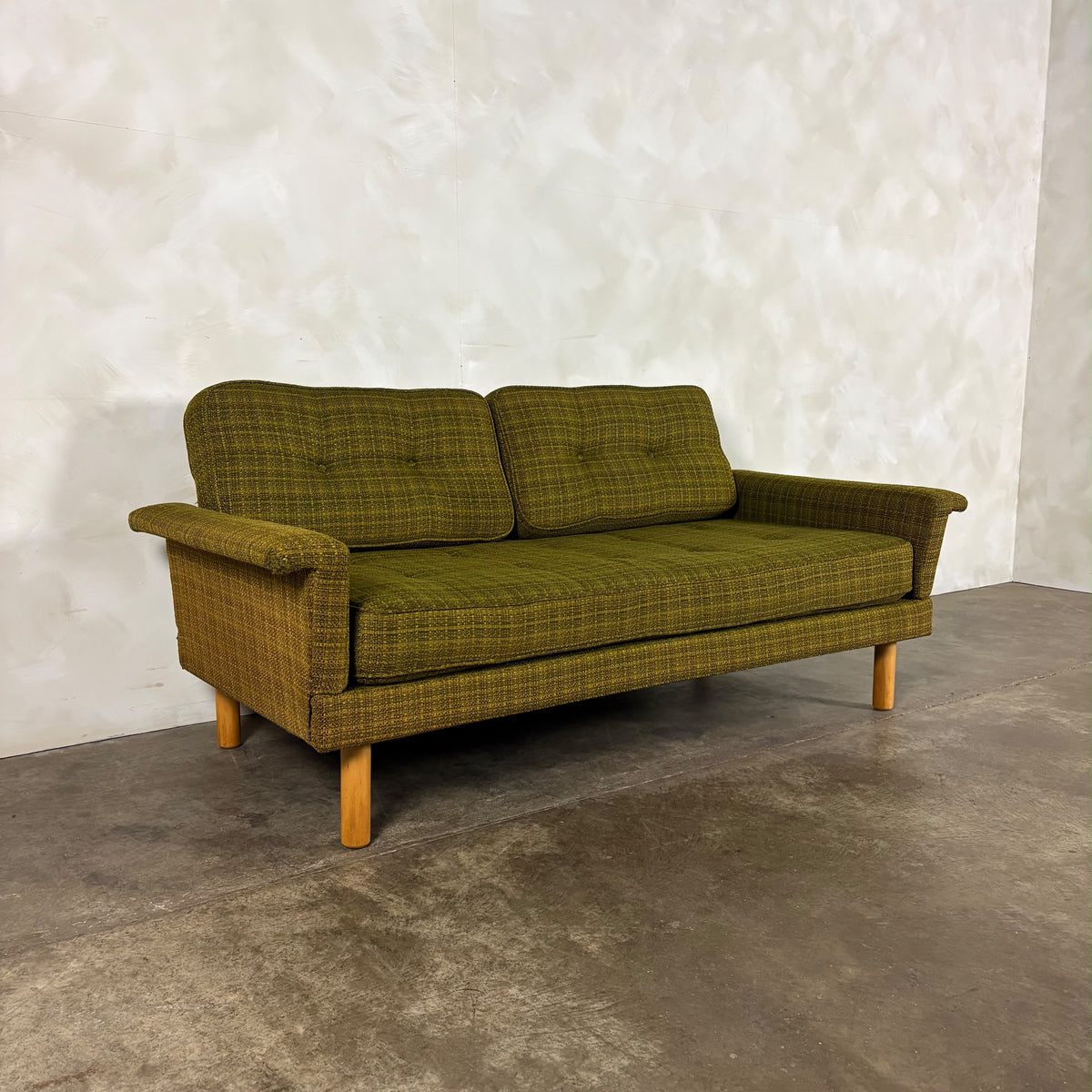 Mid Century Scandinavian Sofa Bed In Olive Green Wool Vintage Retro MCM