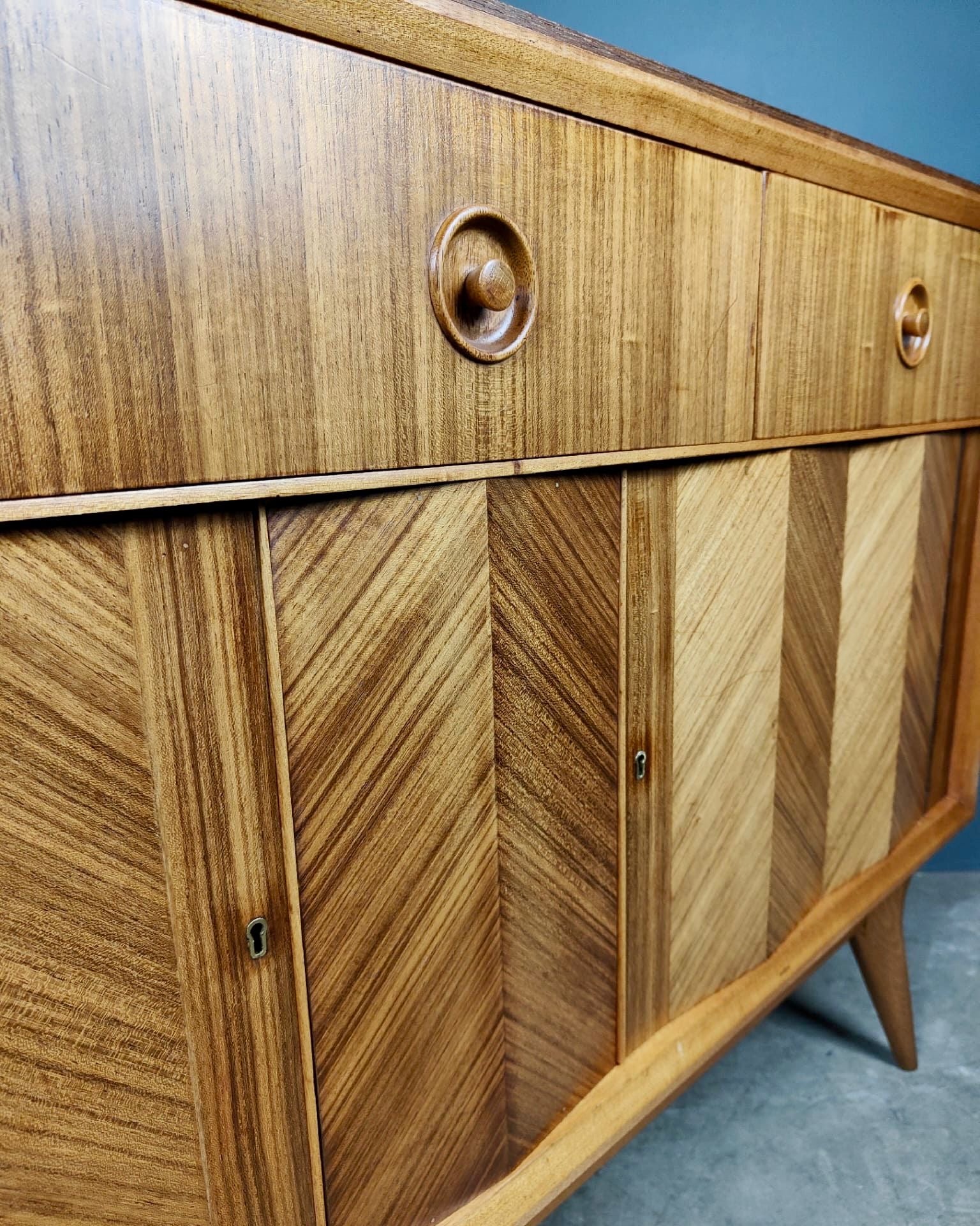 SOLD Mid Century Walnut Her Century Herringbone Pattern Geometric Sideboard Vintage Retro MCM