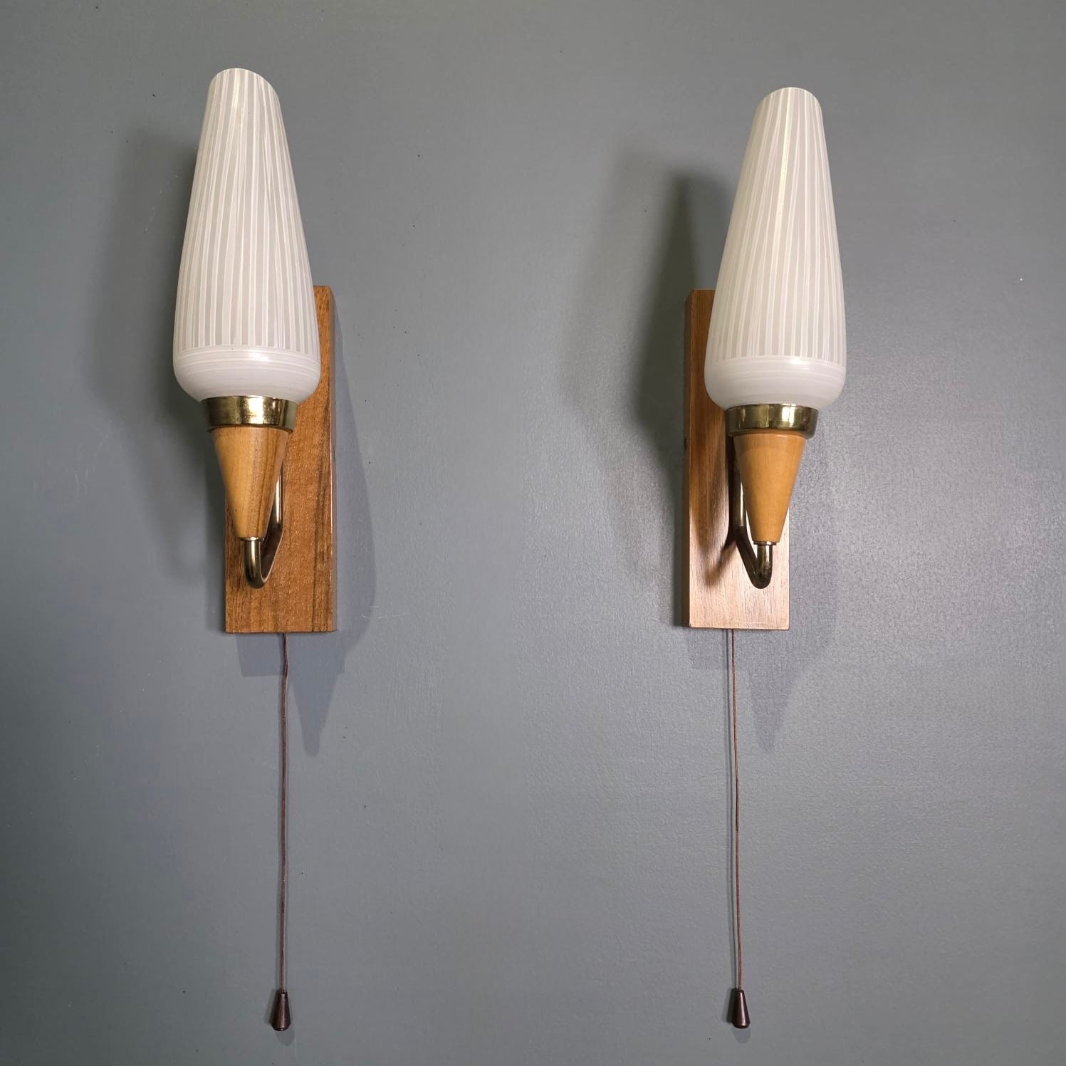 Pair Of Teak Brass Glass 1960s Wall Lights Mid Century Vintage Retro MCM
