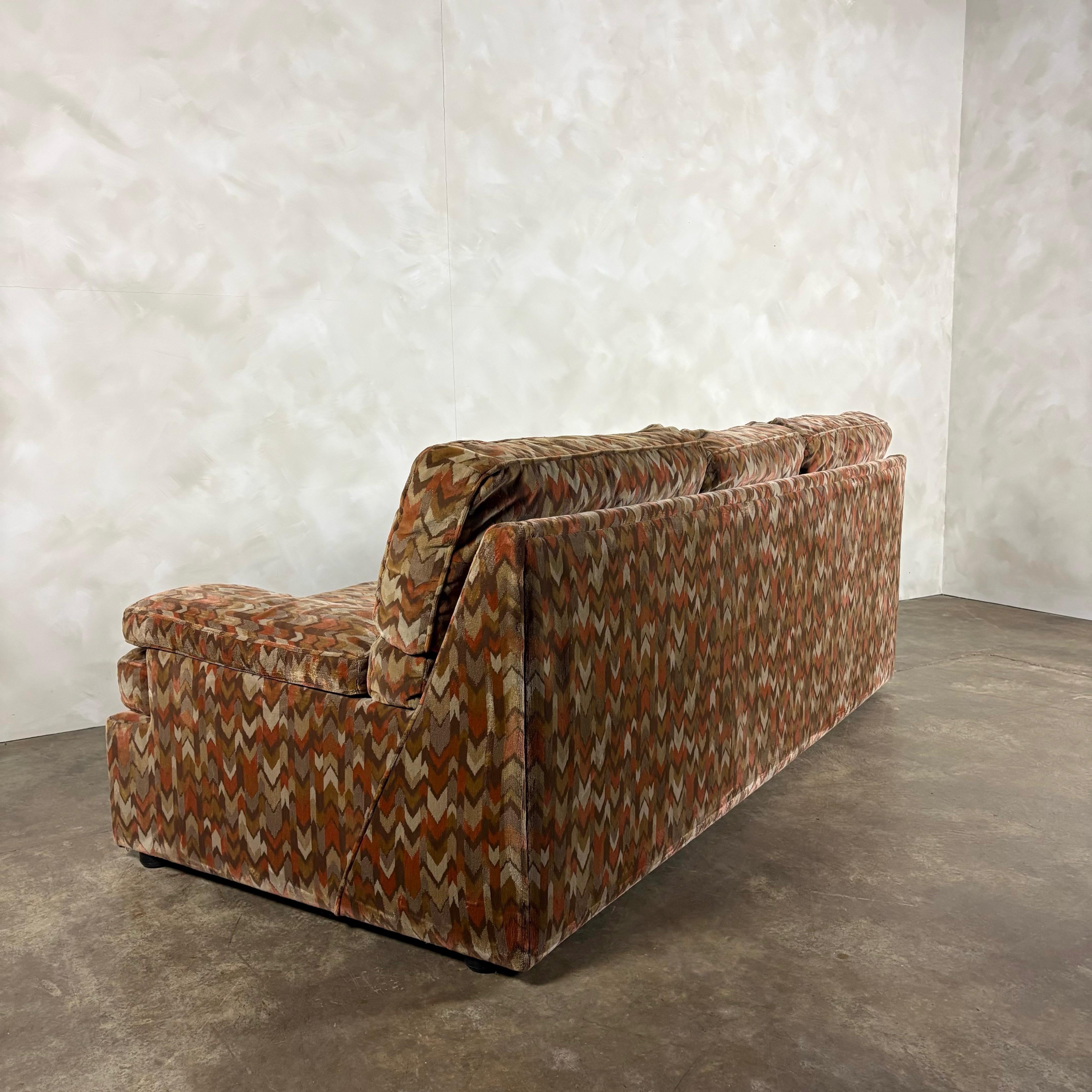 1980s Three Seater Geometric Patterned Sofa & Footstool Post Modern Mid Century Vintage Retro MCM