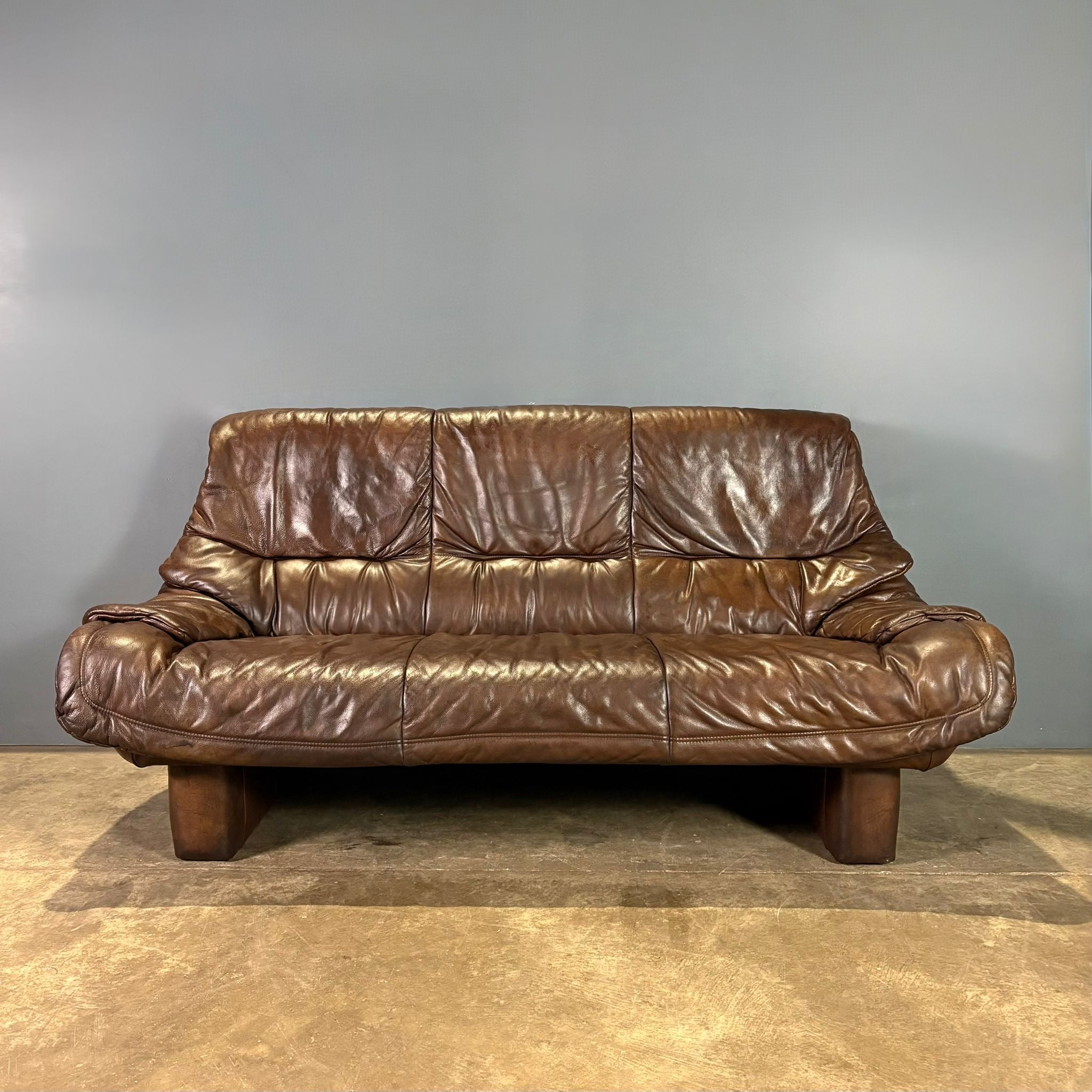Brown Leather Brutalist Three Seater Sofa Percival Lafer Style Mid Century Vintage Retro MCM