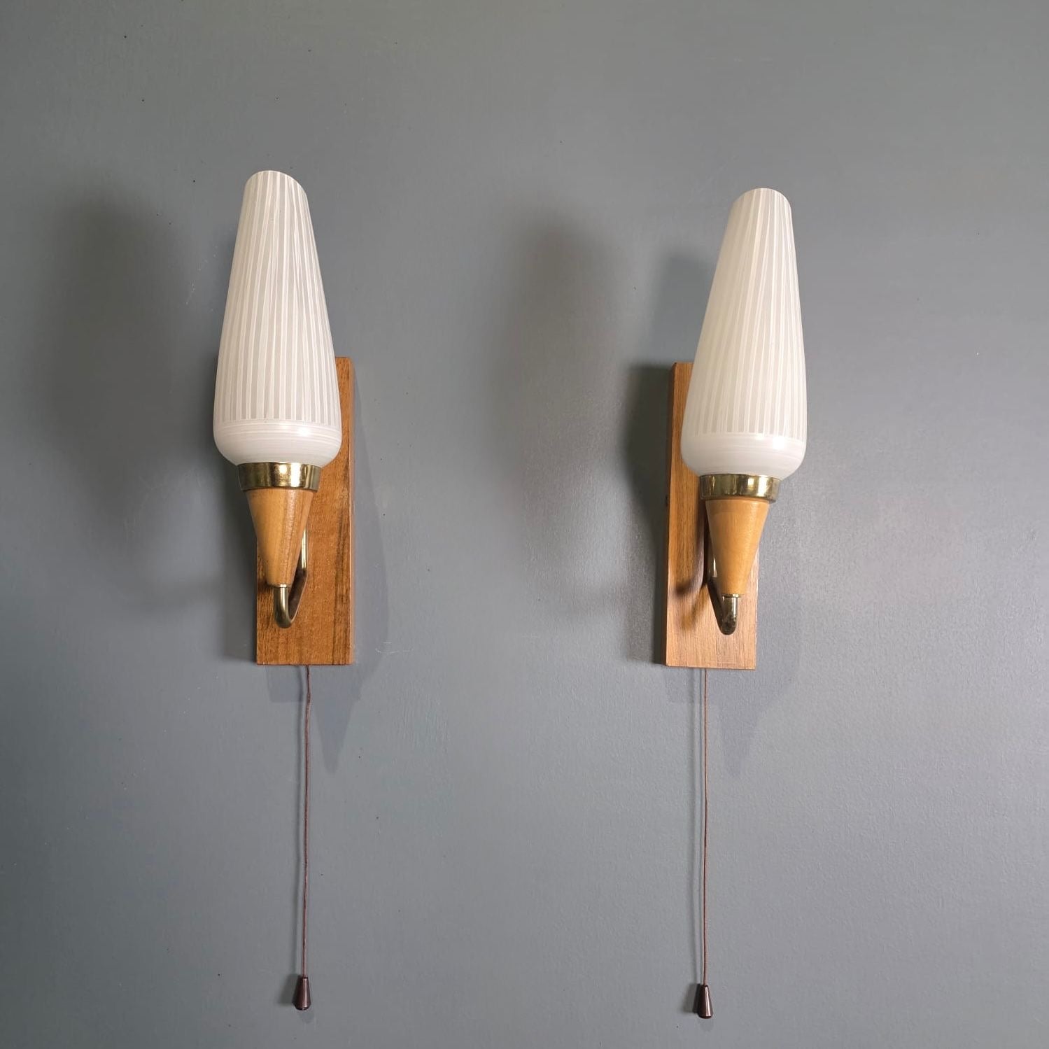SOLD Pair Of Teak Brass Glass 1960s Wall Lights Mid Century Vintage Retro MCM