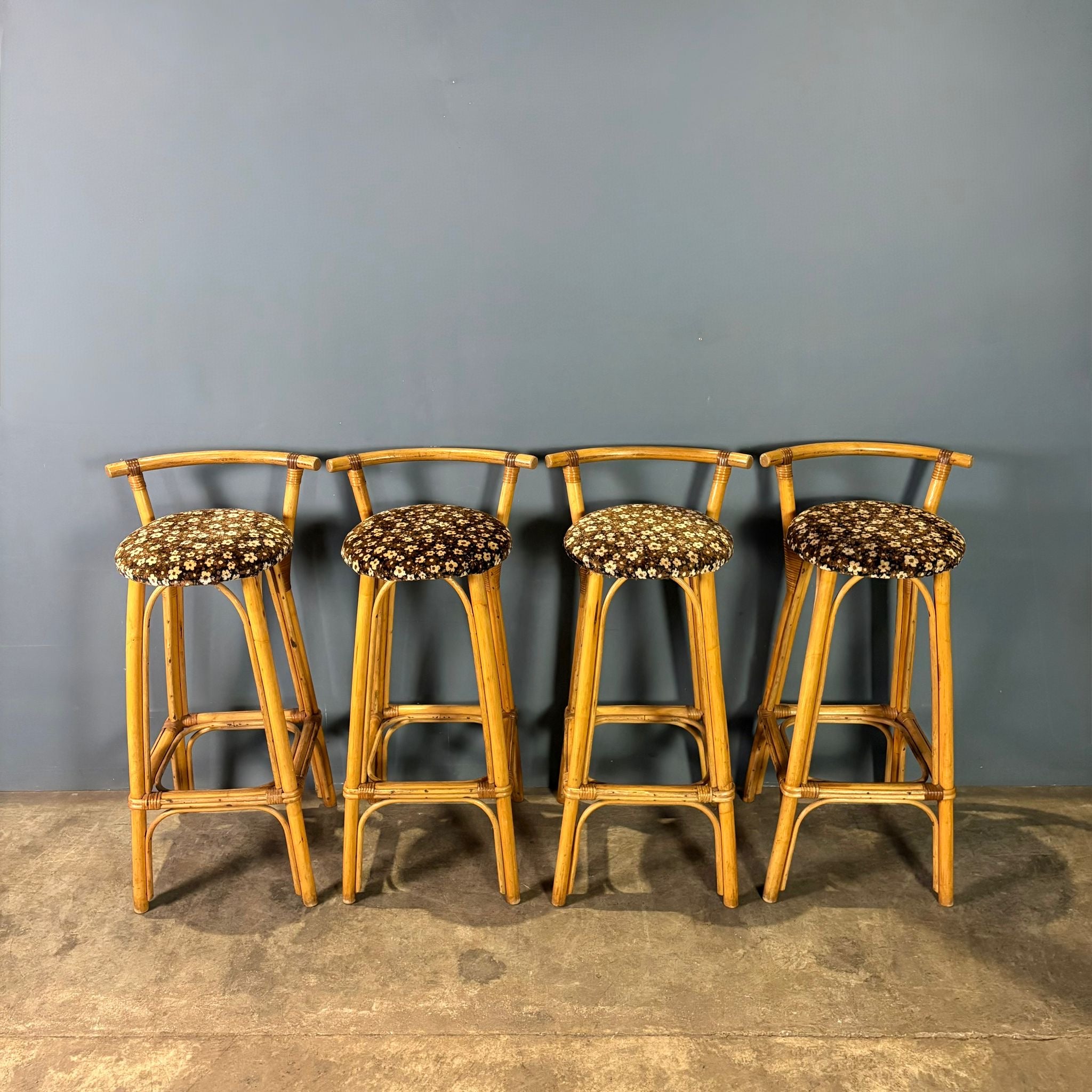 Four Vintage Tiki Bamboo Rattan 1970s Bar Stools Mid Century Retro MCM