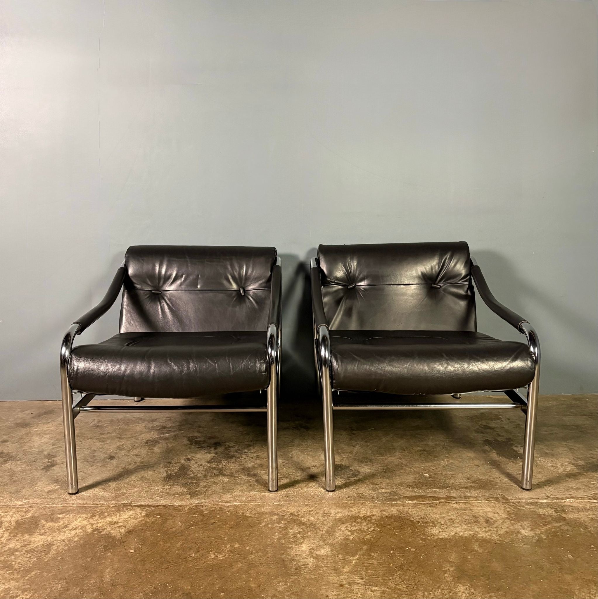 SOLD Mid Century Pair Of Pieff Beta Black Leather Lounge Chairs Vintage Retro MCM