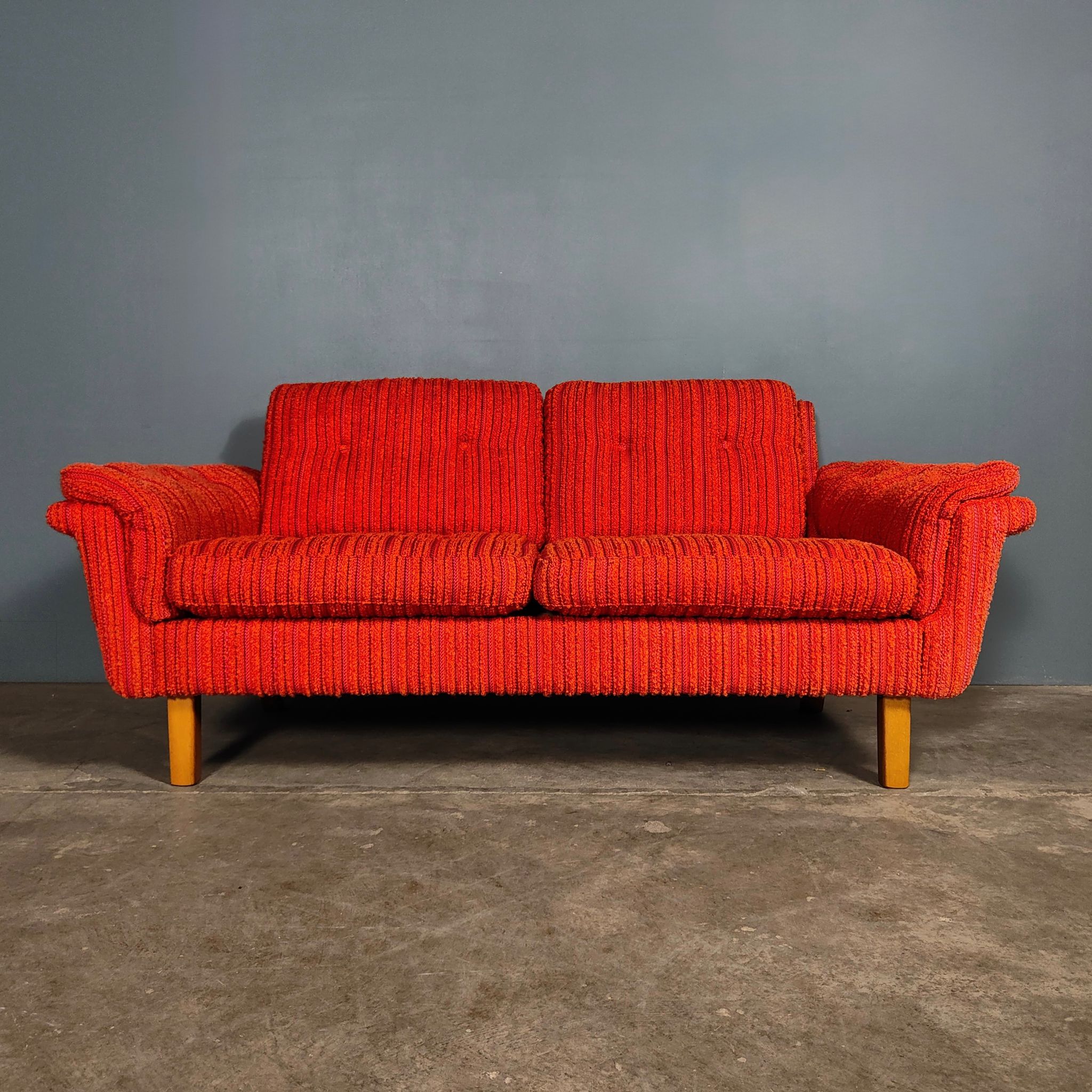 SOLD Orange Wool Swedish Two Seater Sofa Mid Century Vintage Retro MCM
