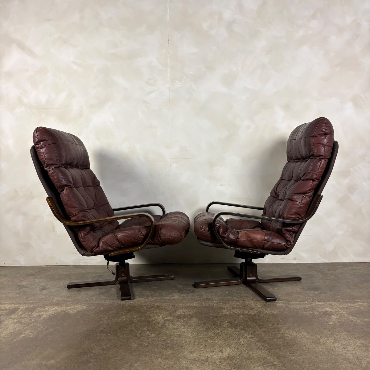 Pair Of Scandinavian Brown Leather Lounge Chairs Mid Century Vintage Retro MCM