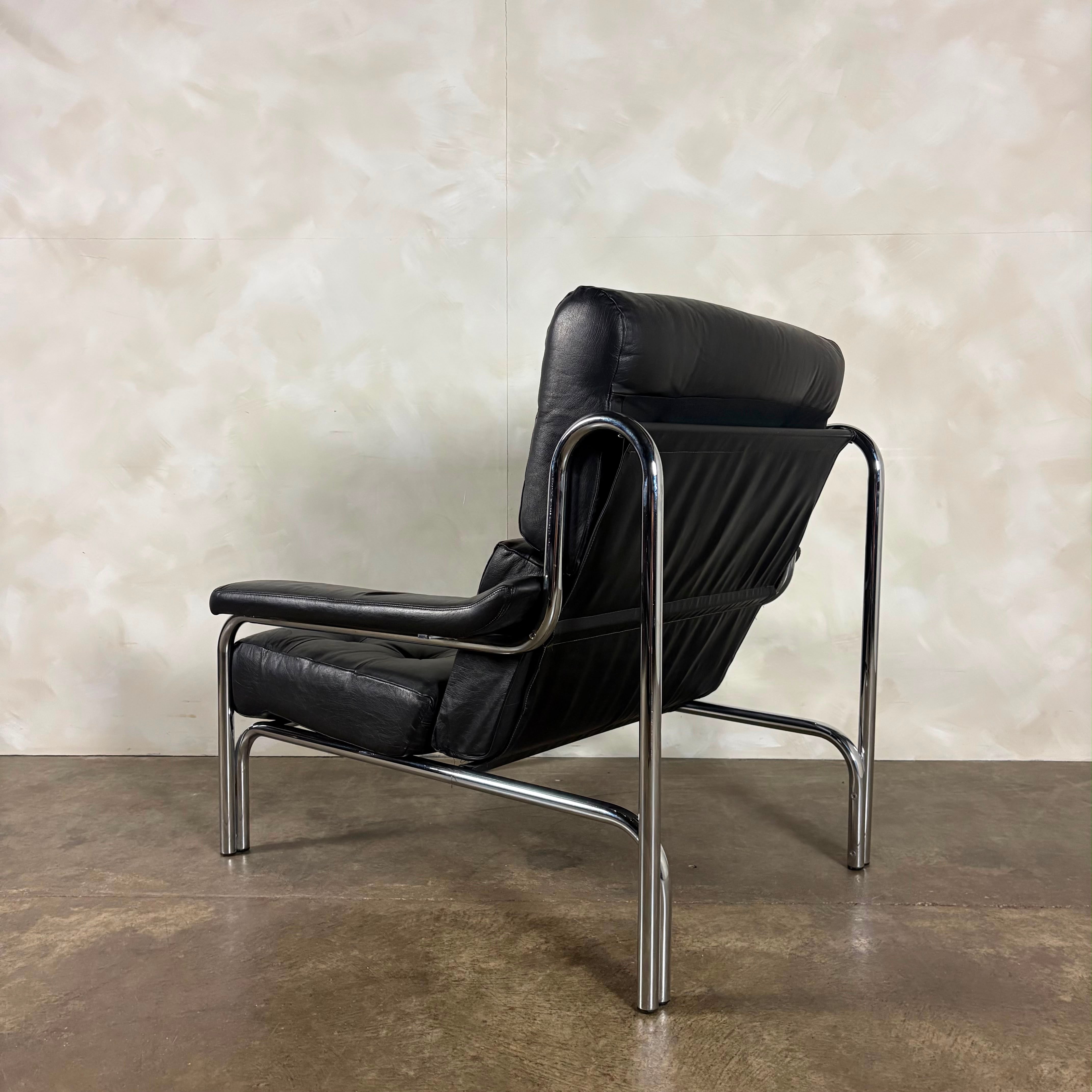 Mid Century Pieff Alpha Black Leather Three Seater Sofa With Matching Lounge Chair Vintage Retro MCM