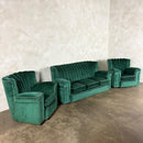 Vintage Art Deco Three Seater Sofa & Pair Of Armchairs In Emerald Turquoise Green Velvet