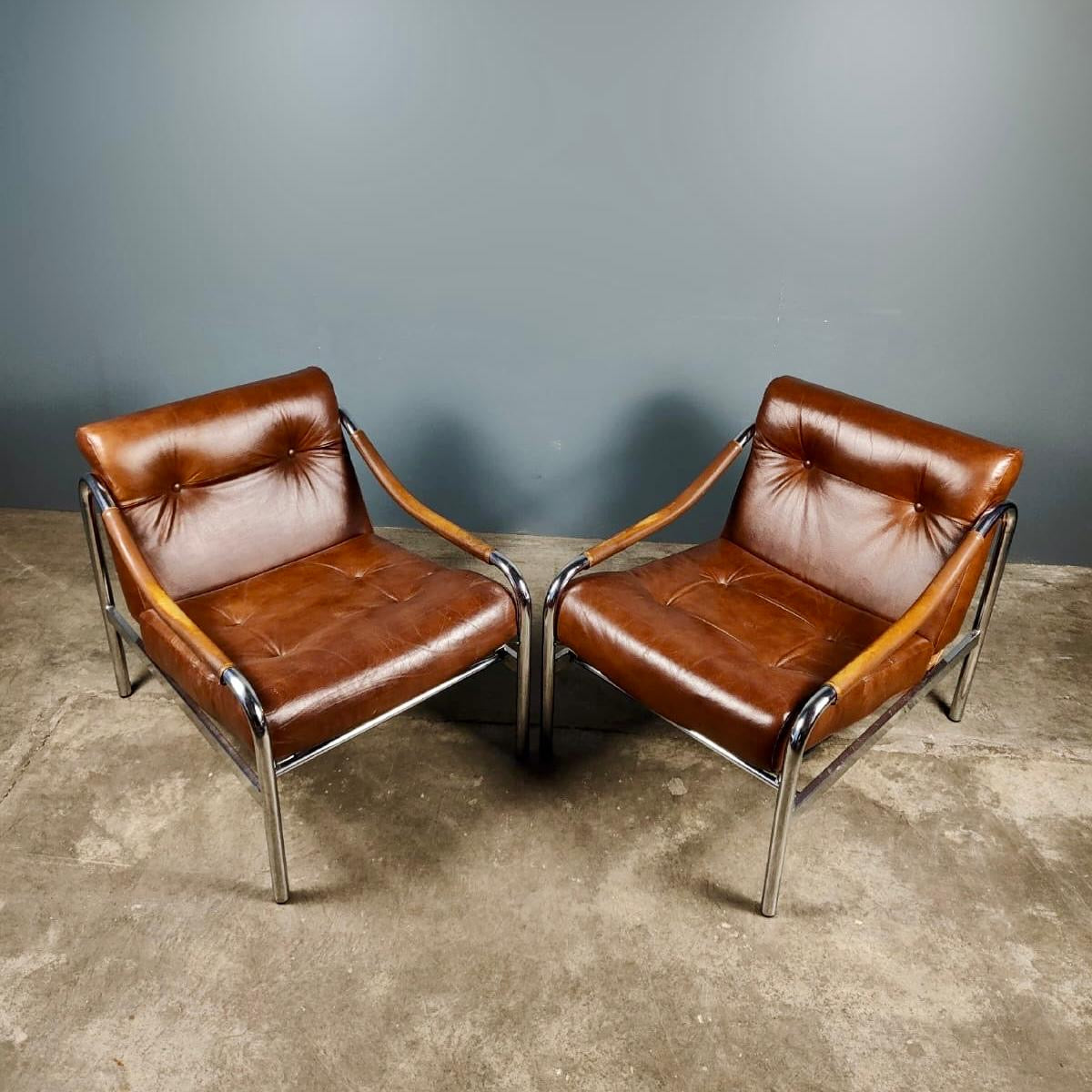 SOLD Mid Century Pair Of Pieff Beta Tan Brown Leather Lounge Chairs Vintage Retro MCM