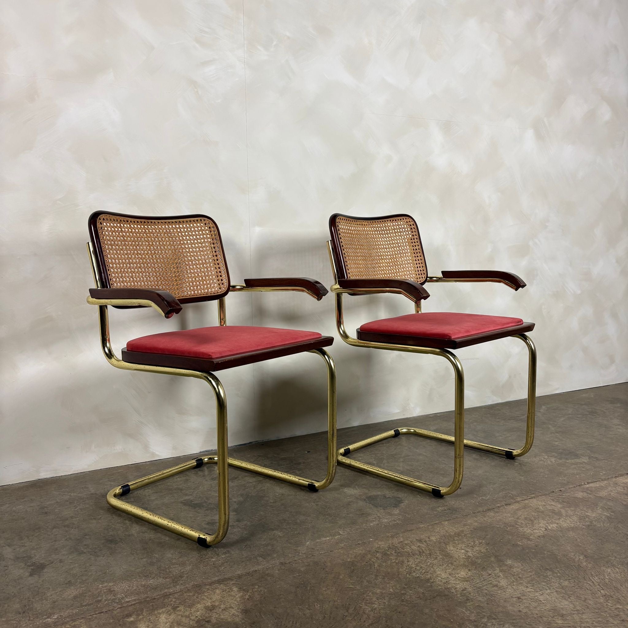 Four Brass Pink Cane Rattan Marcel Breuer Cesca Dining Chairs Mid Century Vintage Retro MCM